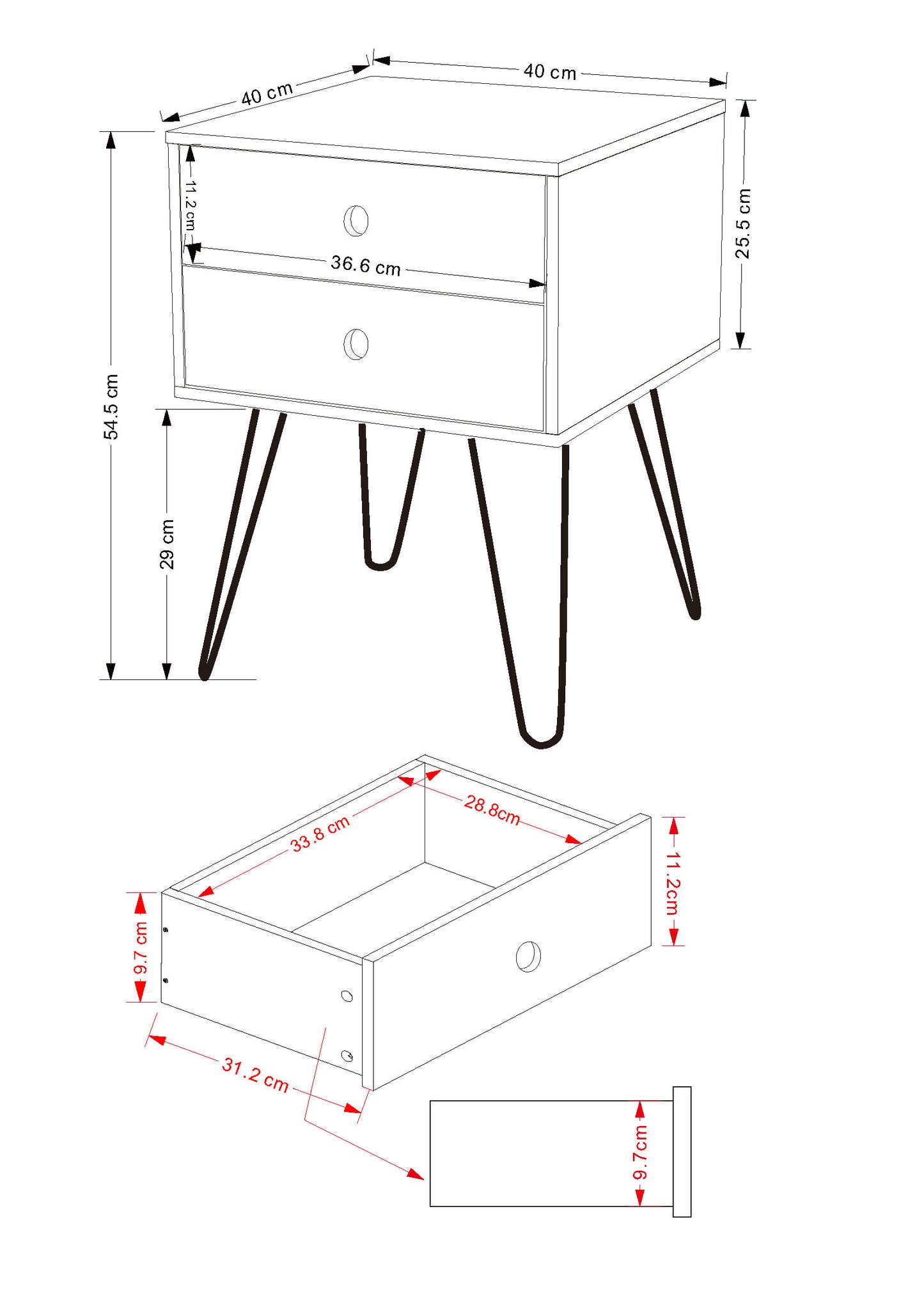 Telford White 2 Drawer Bedside Cabinet with Hair Pin Legs