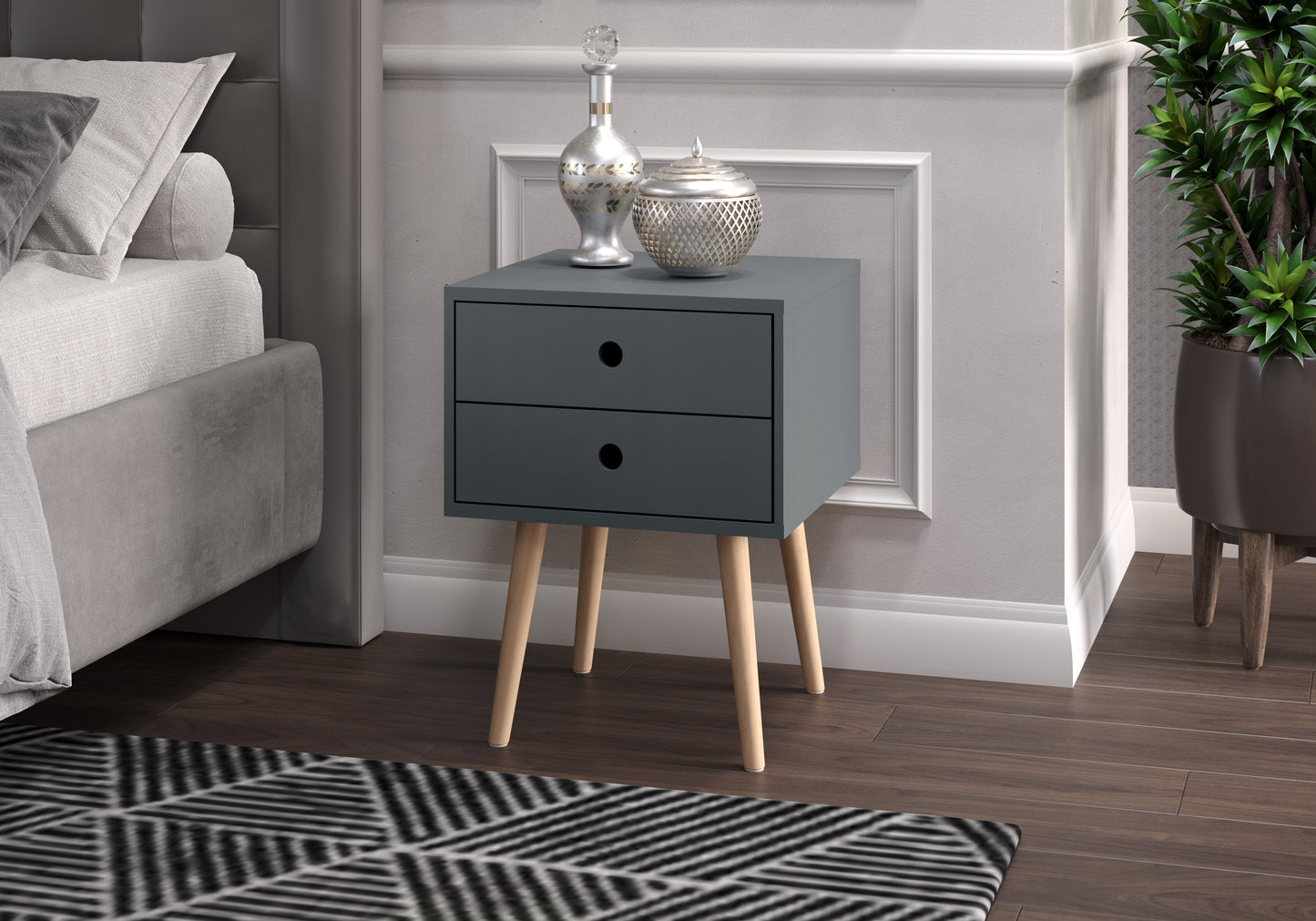 Scandia Midnight Blue 2 Drawer Wood Legs Bedside Cabinet