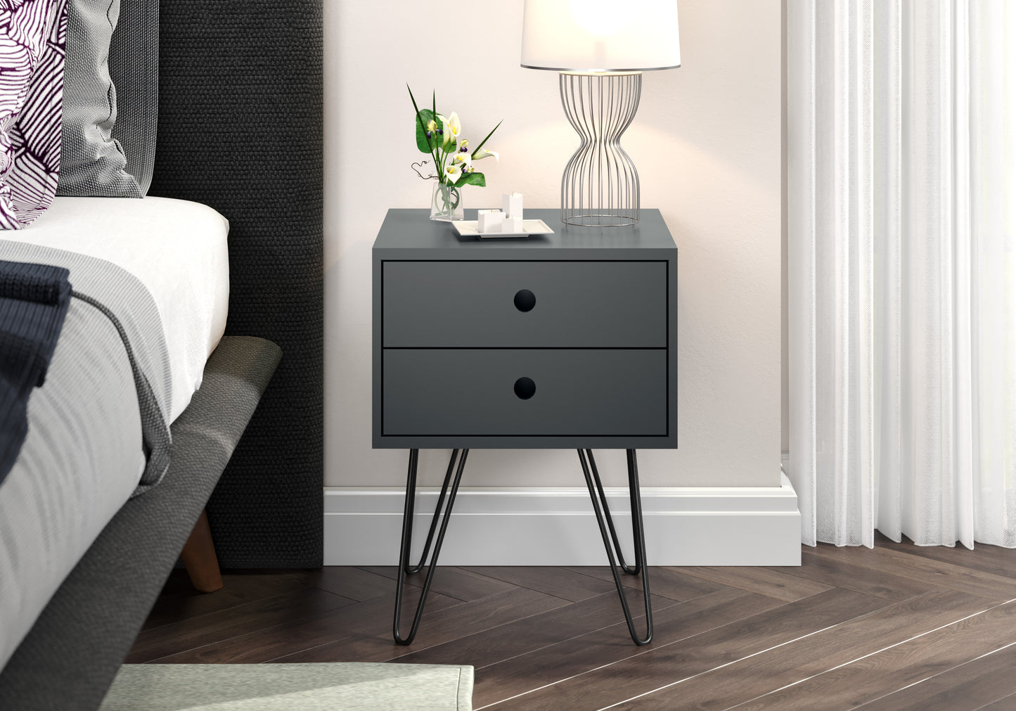 Telford Midnight Blue 2 Drawer Bedside Cabinet with Hair Pin Legs