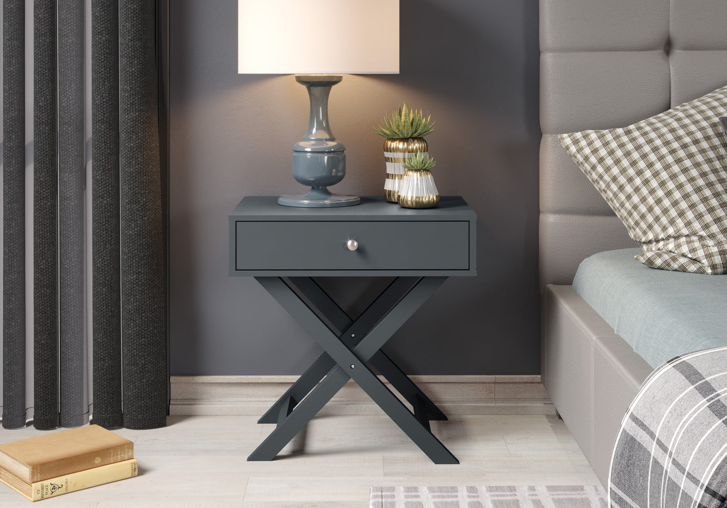 X Leg Midnight Blue 1 Drawer Bedside Cabinet