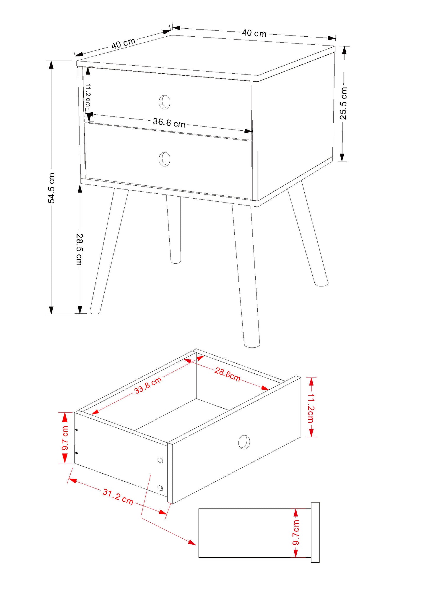 Scandia Grey 2 Drawer Wood Legs Bedside Cabinet