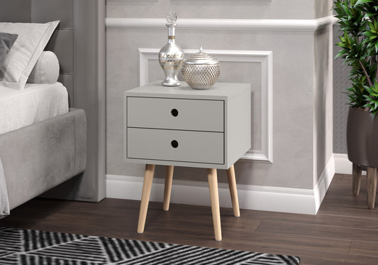 Scandia Grey 2 Drawer Wood Legs Bedside Cabinet