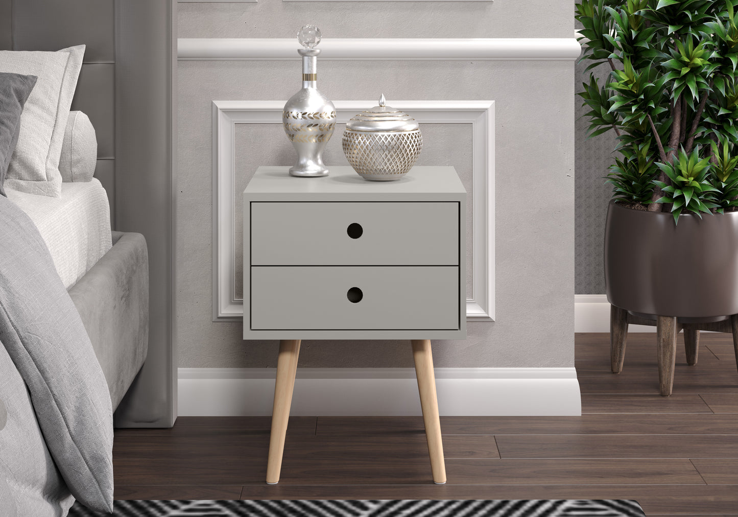 Scandia Grey 2 Drawer Wood Legs Bedside Cabinet