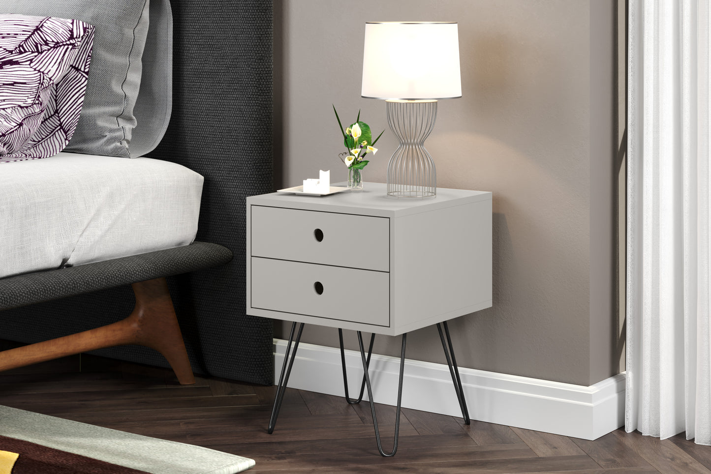 Telford Grey 2 Drawer Bedside Cabinet with Hair Pin Legs