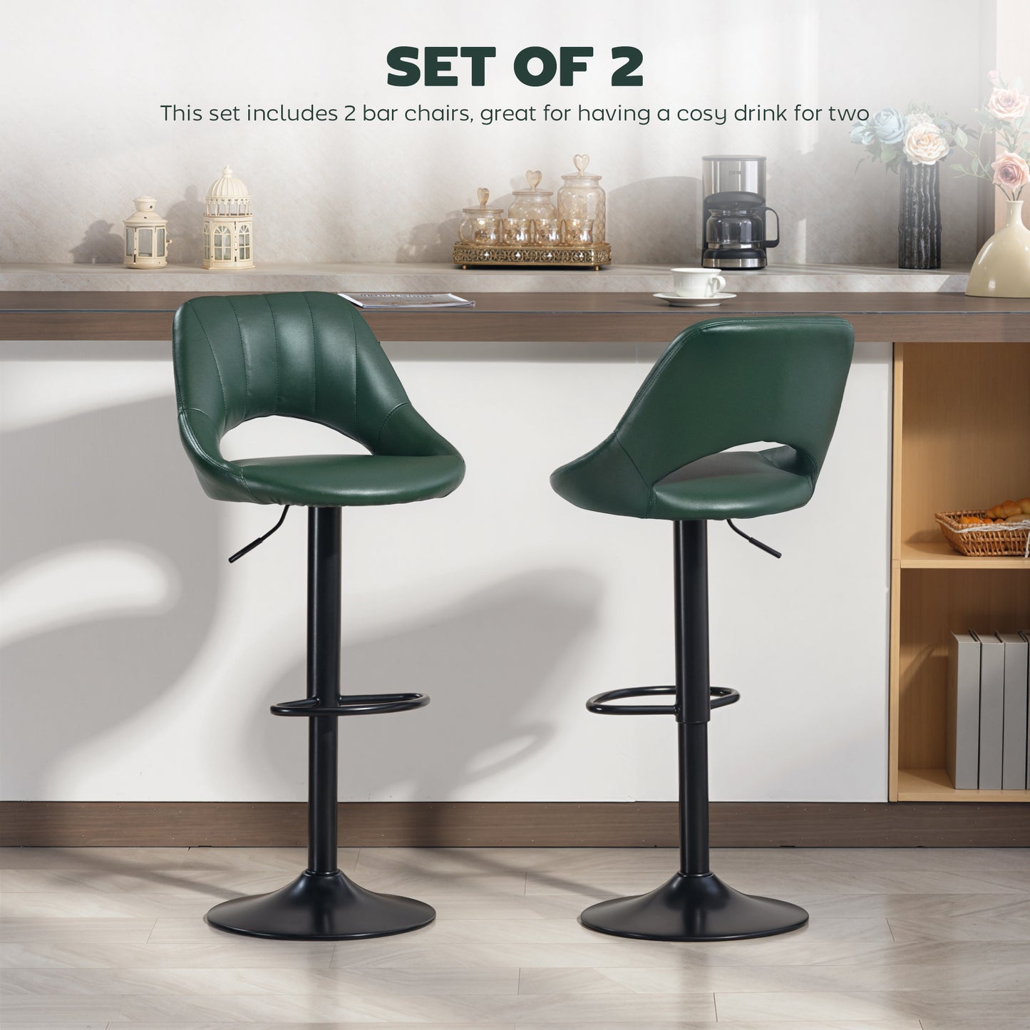 Faux Leather Bar Stools - Set of Two (x2) in Green