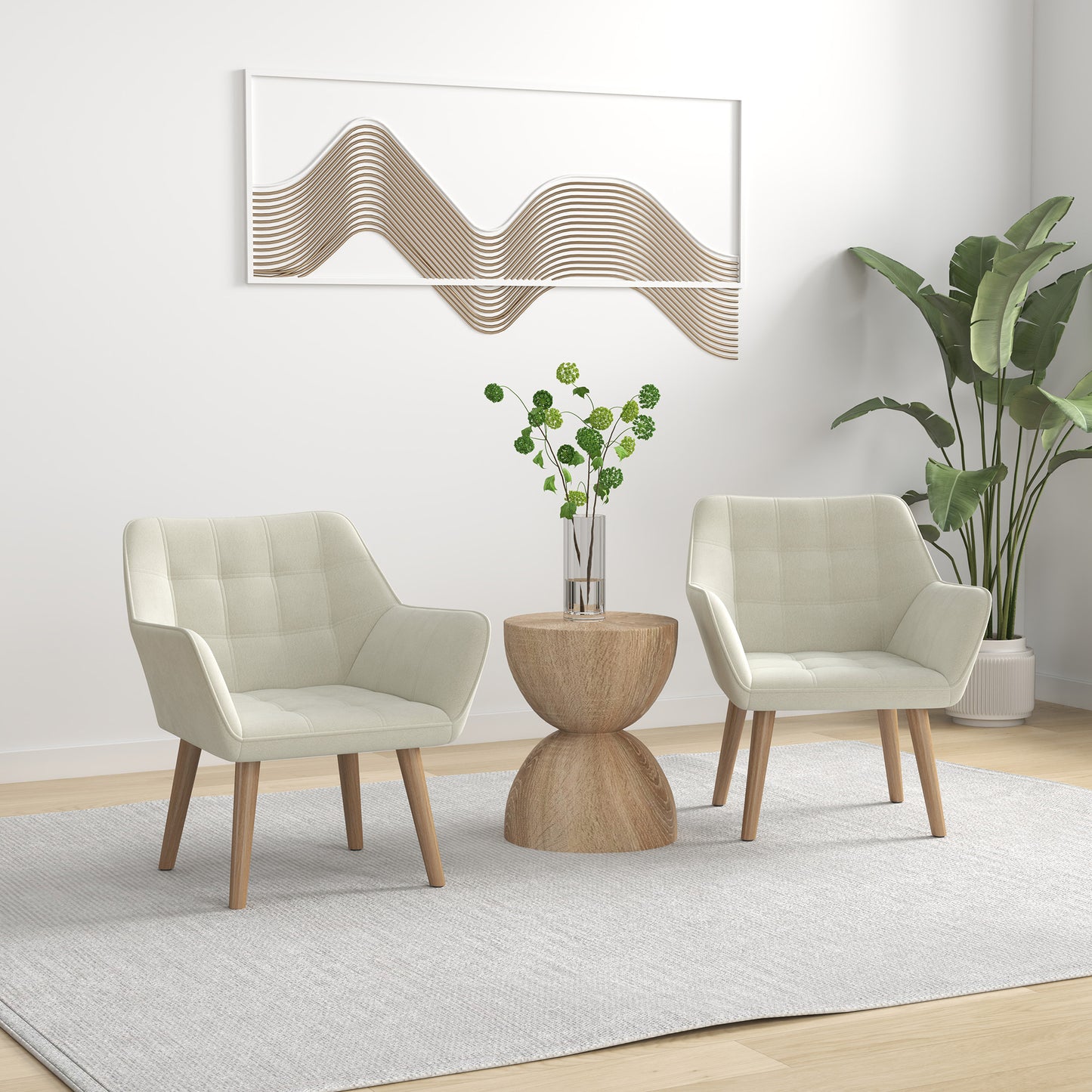 Accent Armchairs Set of 2 (Pair) (HOMCOM) Cushioned Vanity Chair with Wide Arms - White