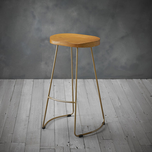 Bailey Industrial Style Bar Stool - Solid Pine Seat with Gold Effect Metal Legs