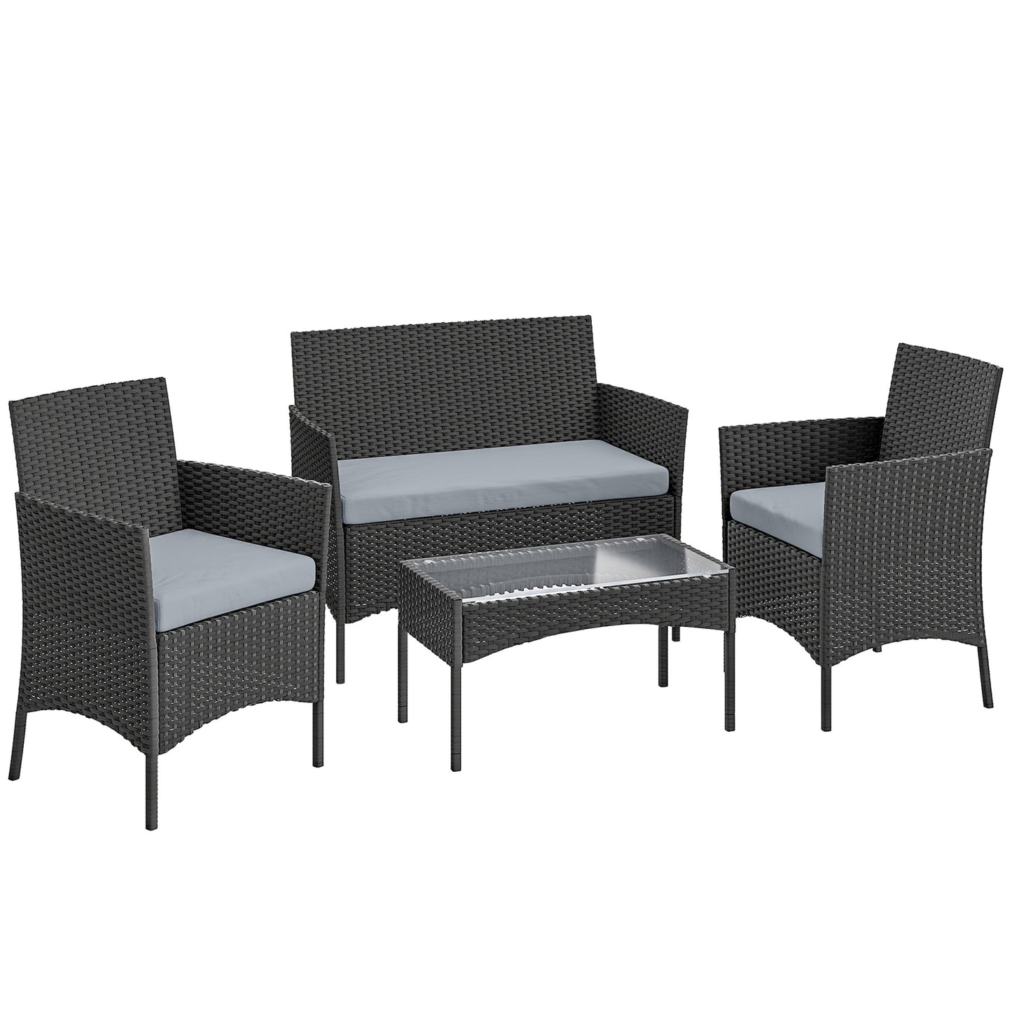 Black & Grey Rattan Garden Furniture Sofa Set – 4 Seater Patio Lounge Set with Cushions