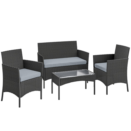 Black & Grey Rattan Garden Furniture Sofa Set – 4 Seater Patio Lounge Set with Cushions