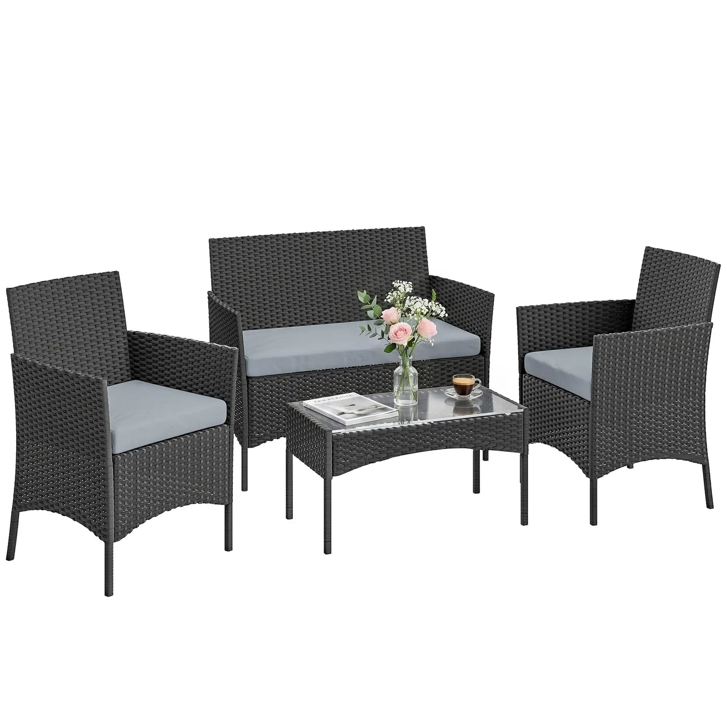 Black & Grey Rattan Garden Furniture Sofa Set – 4 Seater Patio Lounge Set with Cushions