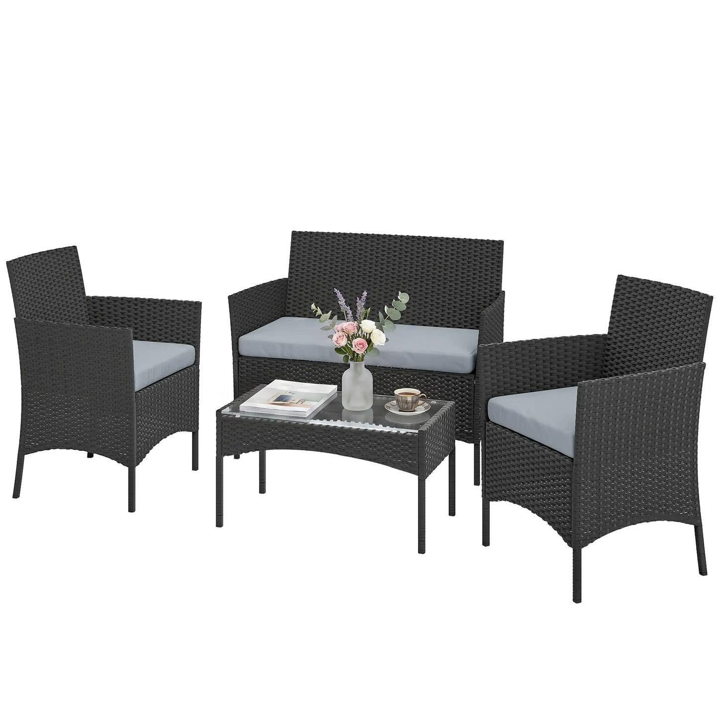 Black & Grey Rattan Garden Furniture Sofa Set – 4 Seater Patio Lounge Set with Cushions