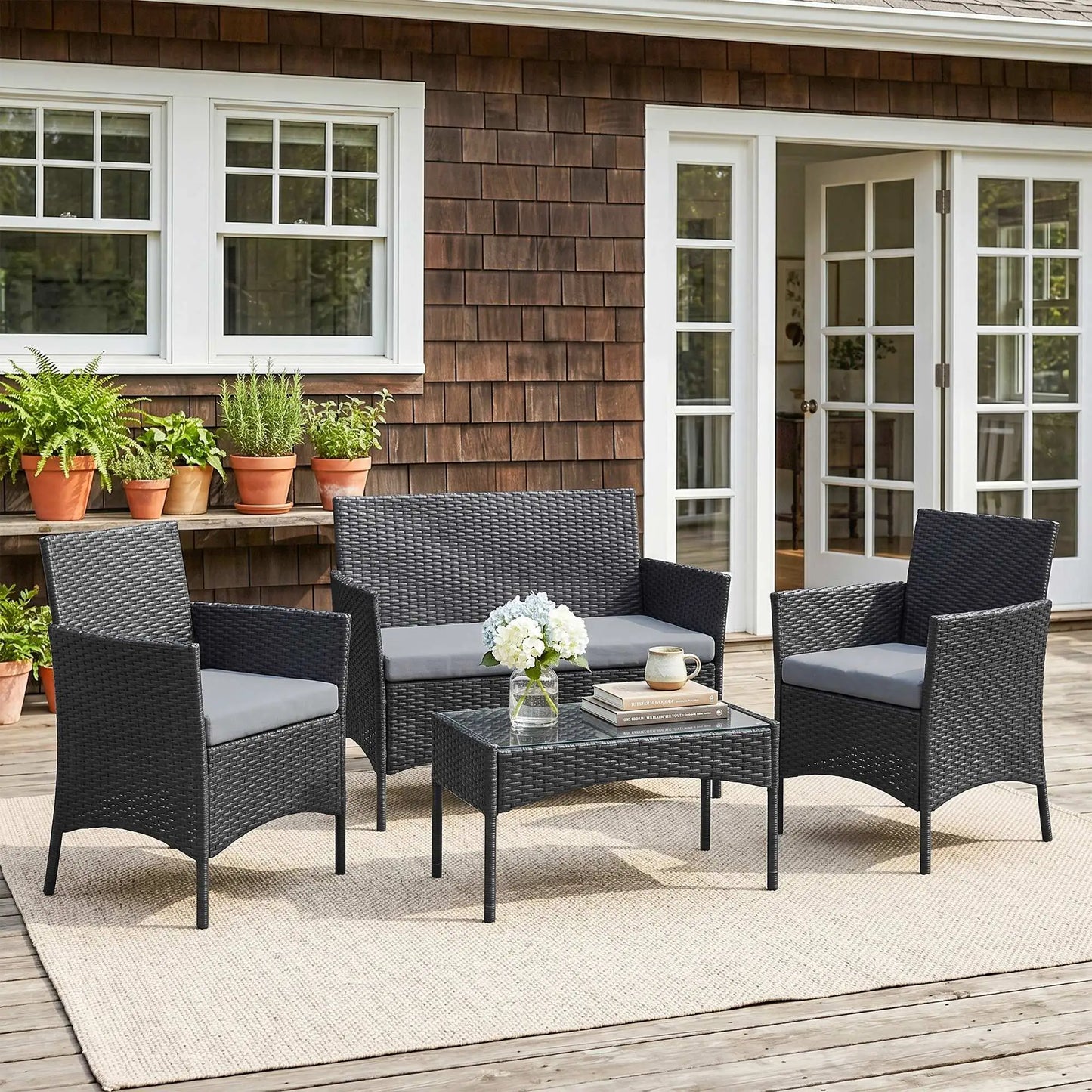 Black & Grey Rattan Garden Furniture Sofa Set – 4 Seater Patio Lounge Set with Cushions