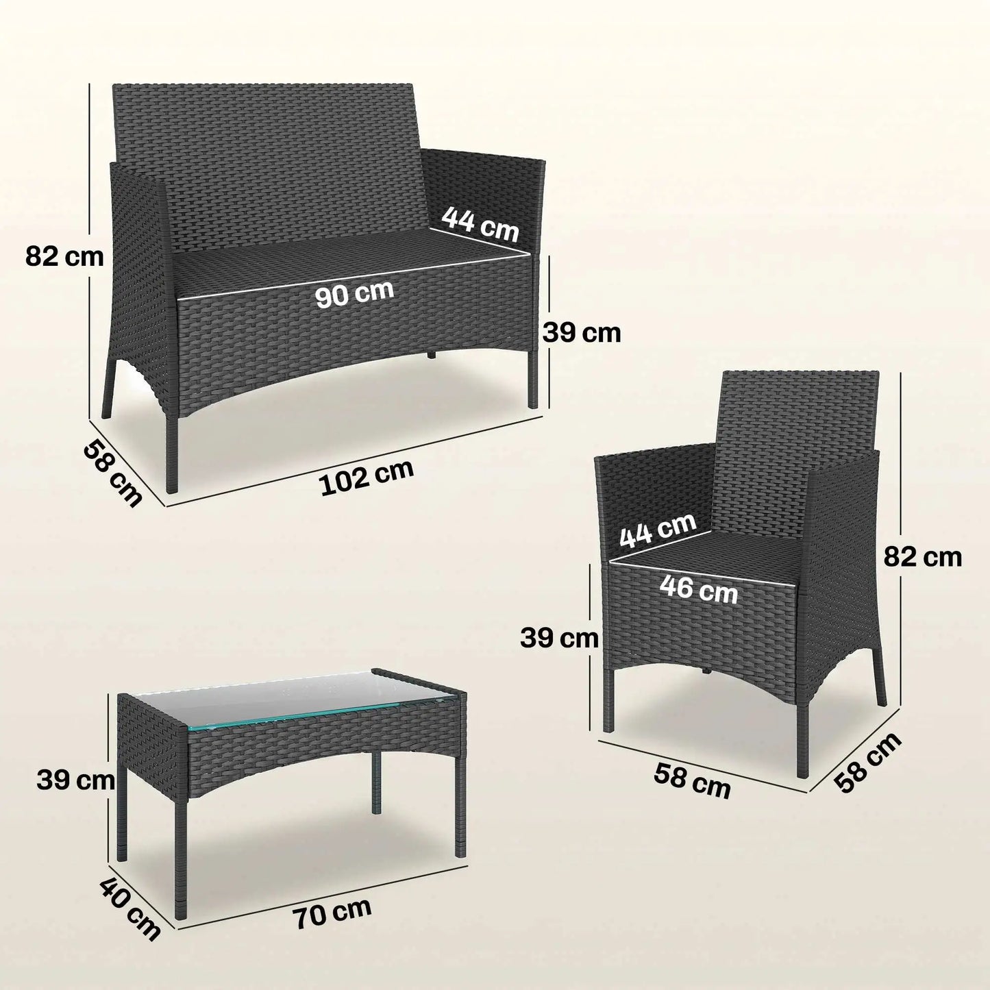Black & Grey Rattan Garden Furniture Sofa Set – 4 Seater Patio Lounge Set with Cushions