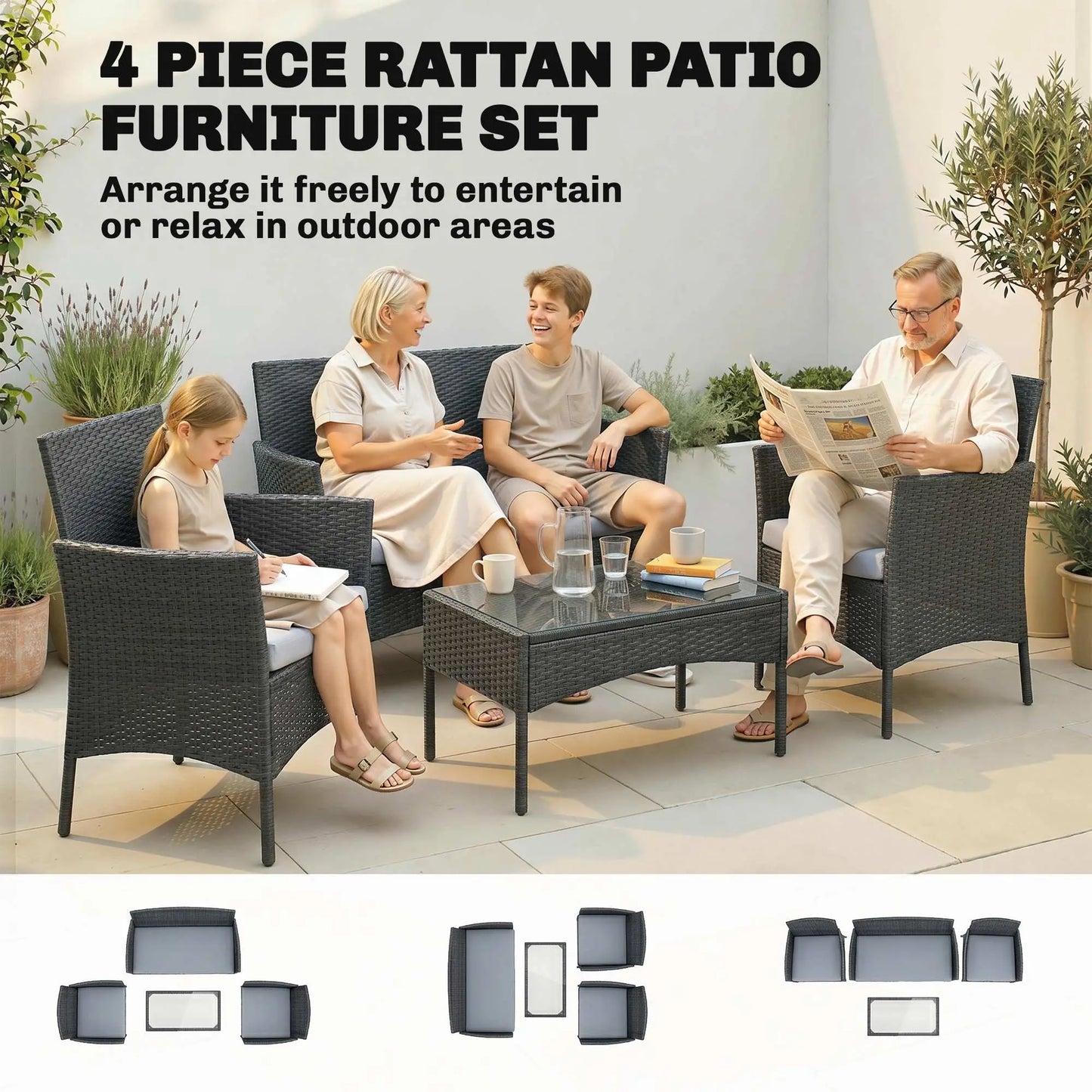 Black & Grey Rattan Garden Furniture Sofa Set – 4 Seater Patio Lounge Set with Cushions
