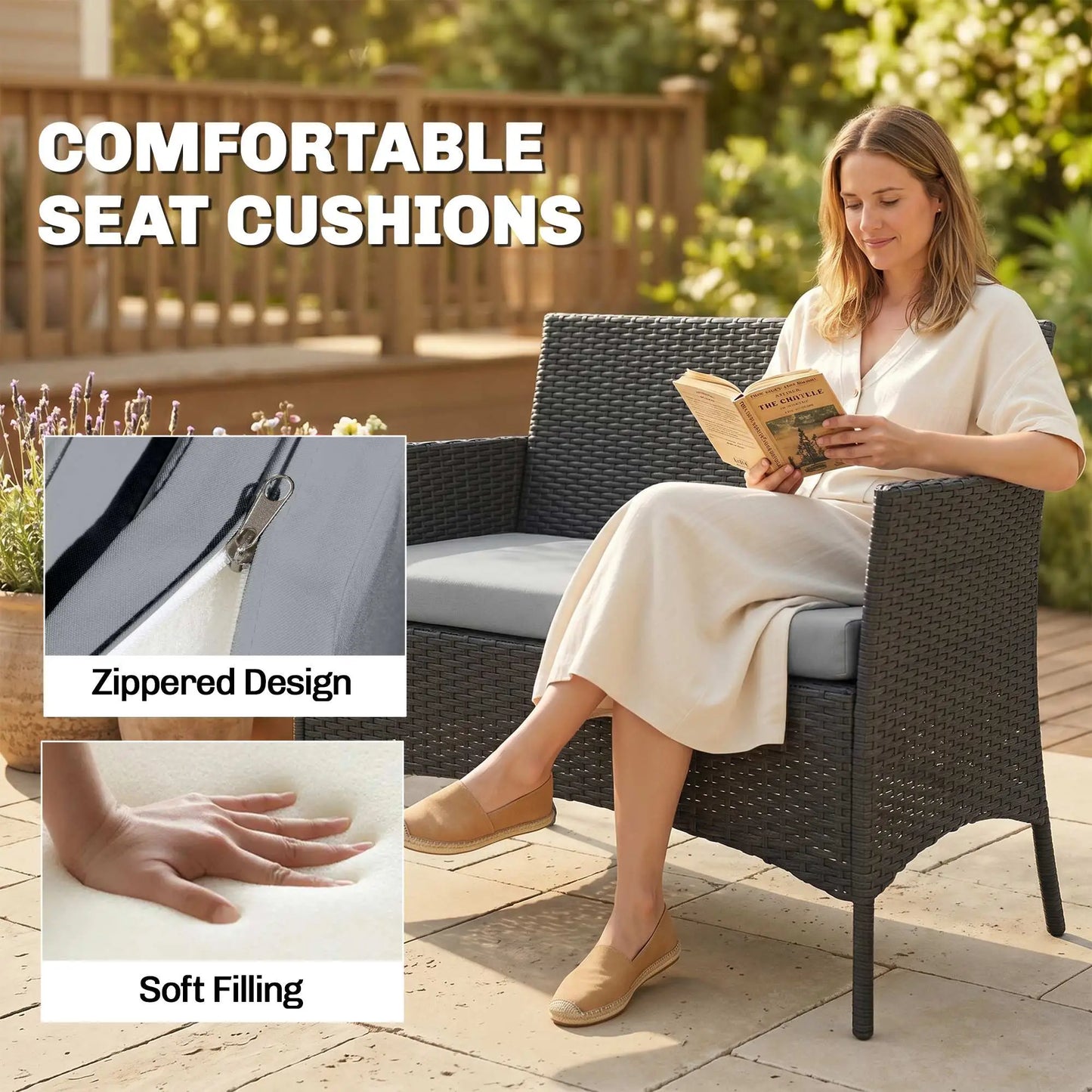 Black & Grey Rattan Garden Furniture Sofa Set – 4 Seater Patio Lounge Set with Cushions