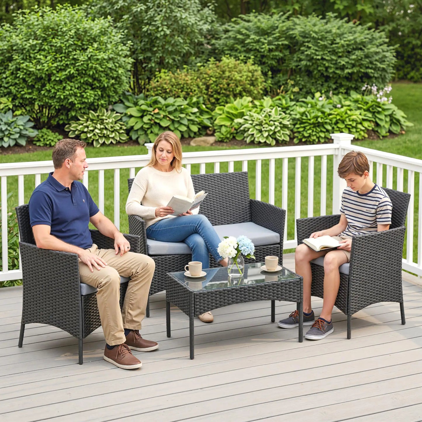 Black & Grey Rattan Garden Furniture Sofa Set – 4 Seater Patio Lounge Set with Cushions