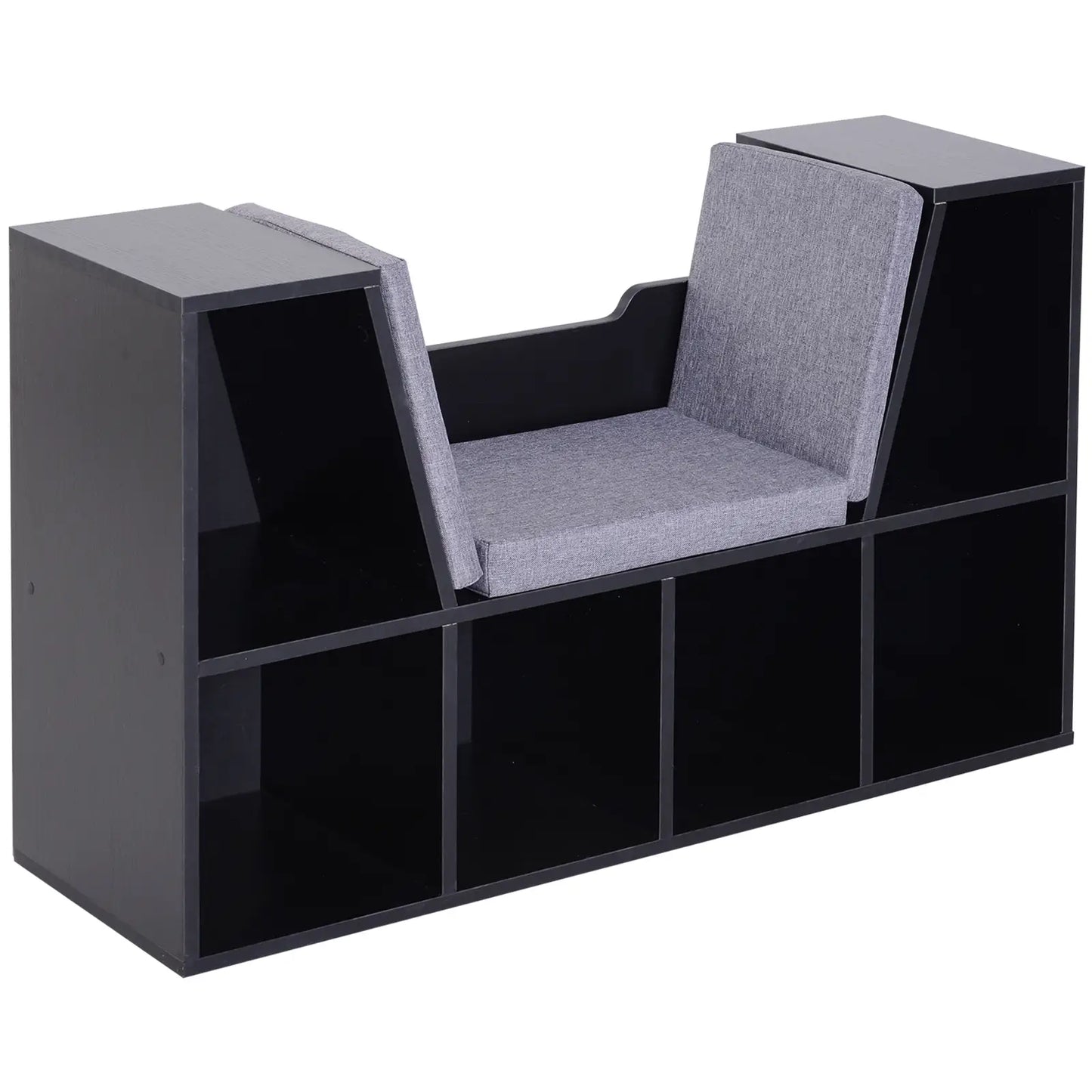 HOMCOM Bookcase with Cushioned Seat – Storage Cube Shelf Reading Bench, Black