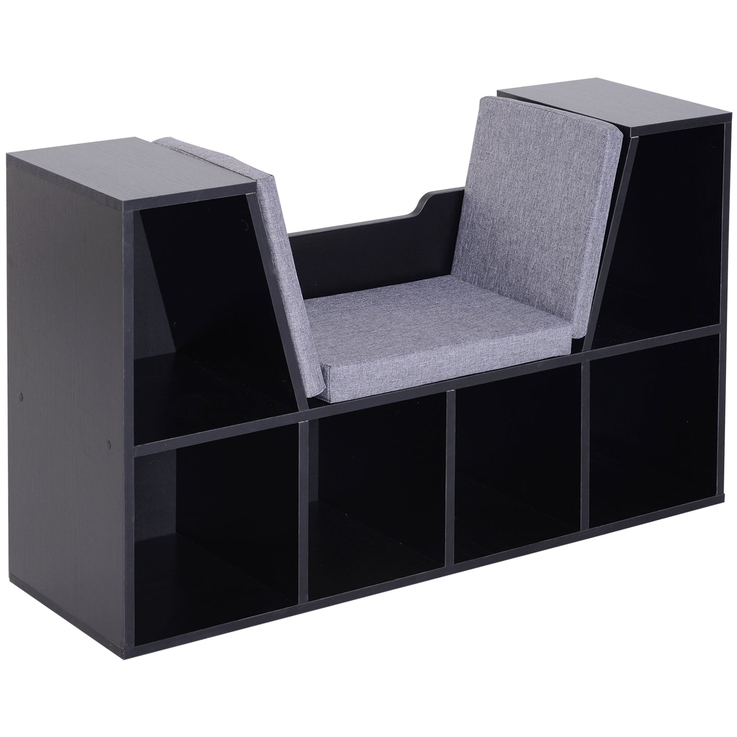 HOMCOM Bookcase with Cushioned Seat – Storage Cube Shelf Reading Bench, Black