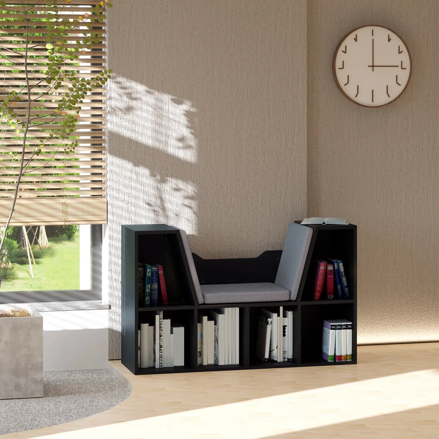 HOMCOM Bookcase with Cushioned Seat – Storage Cube Shelf Reading Bench, Black