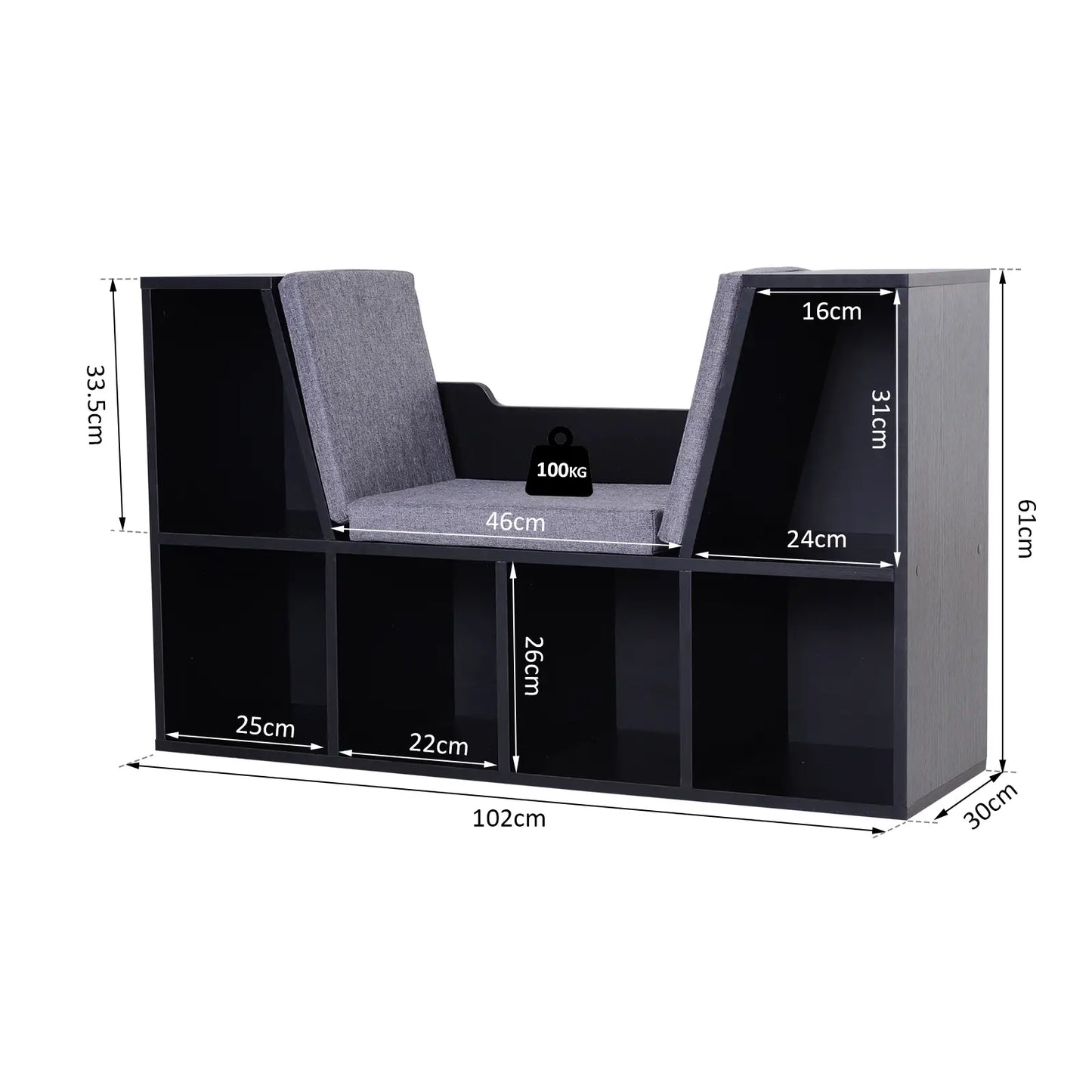 HOMCOM Bookcase with Cushioned Seat – Storage Cube Shelf Reading Bench, Black