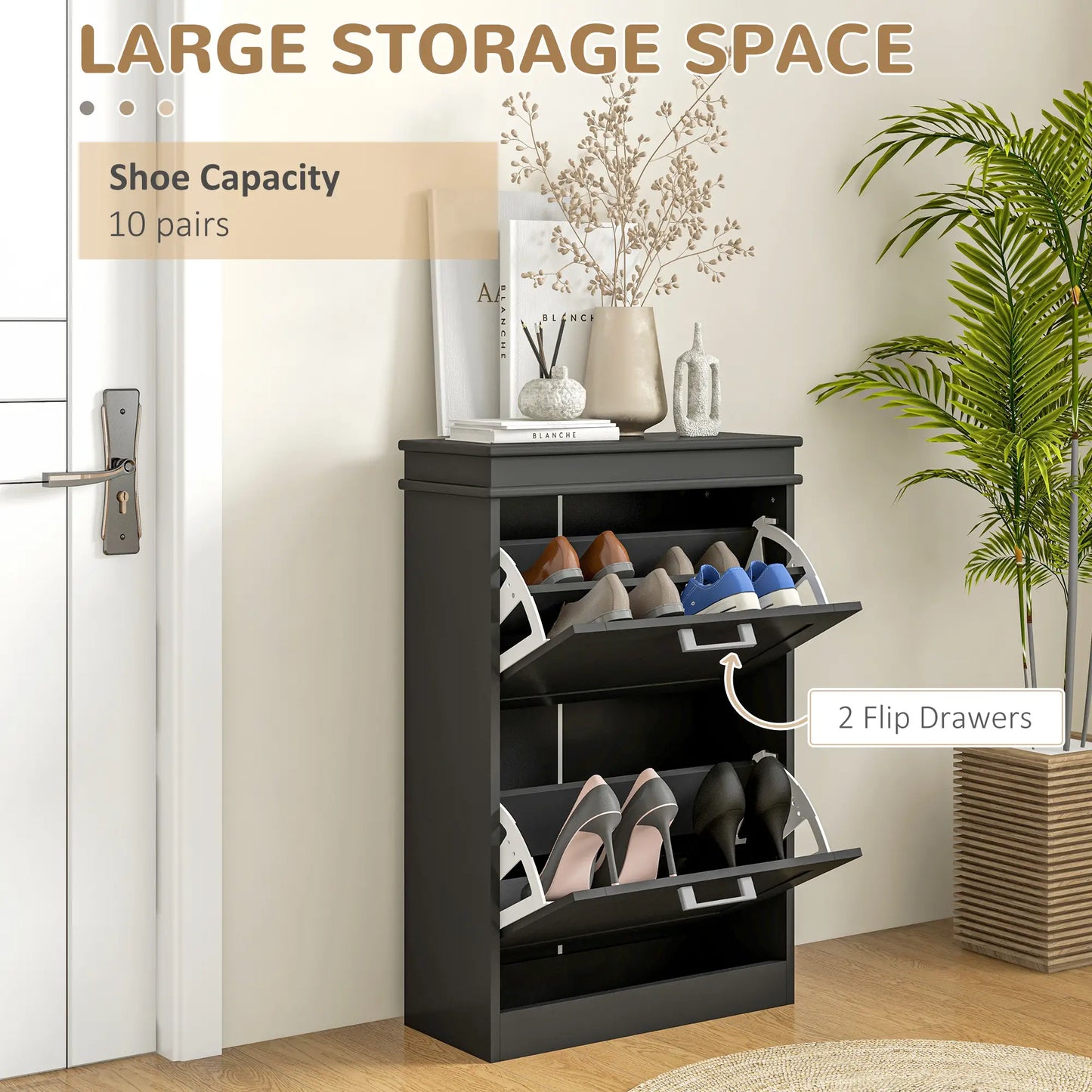 HOMCOM Slim Shoe Cabinet – 2 Drawer Storage Unit for 10 Pairs, Black