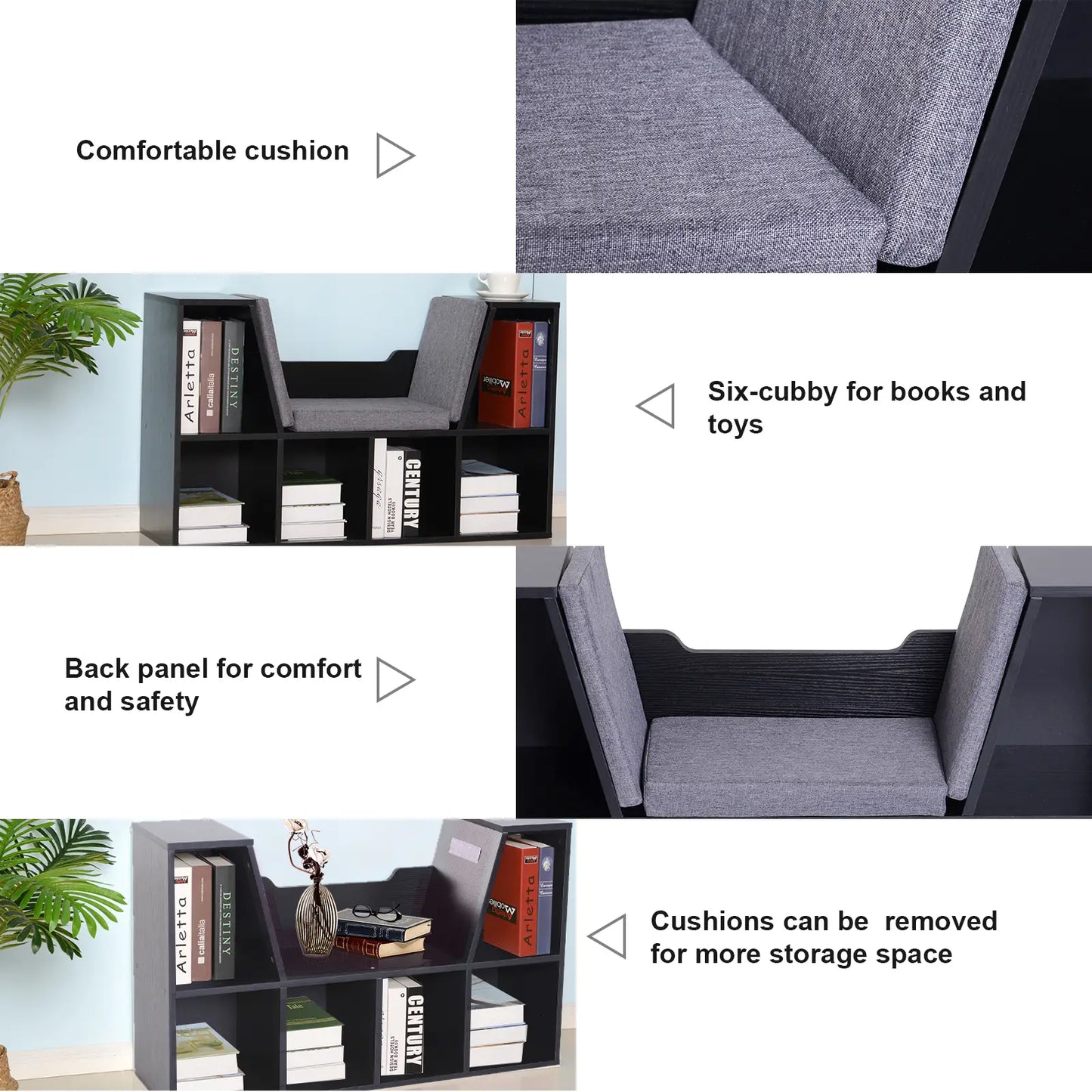 HOMCOM Bookcase with Cushioned Seat – Storage Cube Shelf Reading Bench, Black