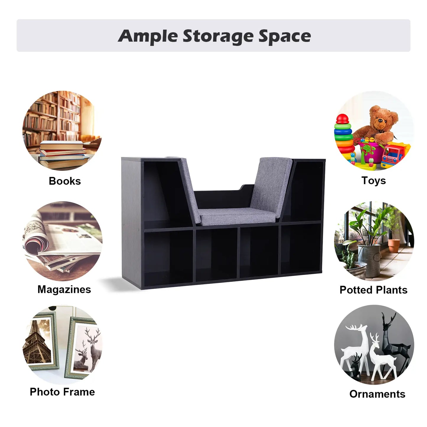 HOMCOM Bookcase with Cushioned Seat – Storage Cube Shelf Reading Bench, Black
