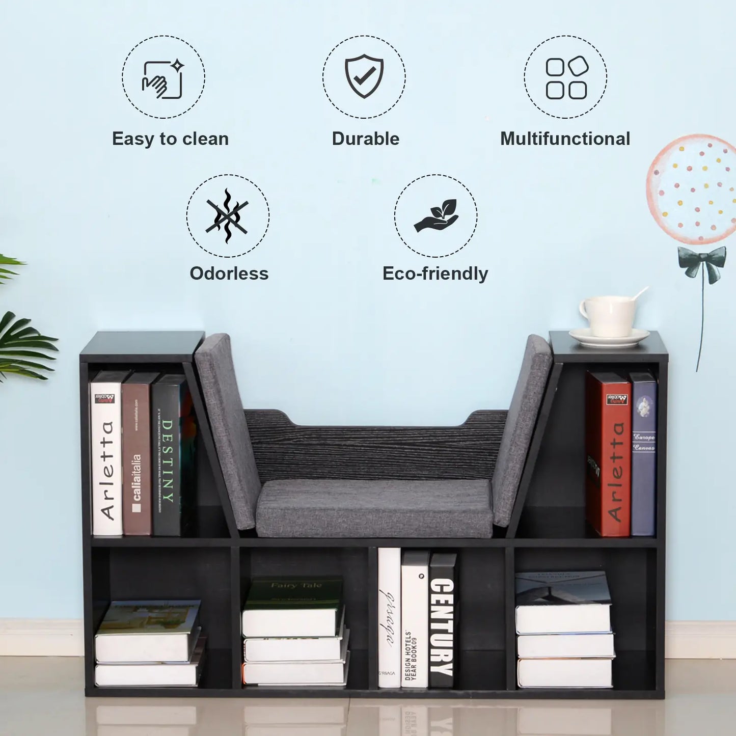 HOMCOM Bookcase with Cushioned Seat – Storage Cube Shelf Reading Bench, Black