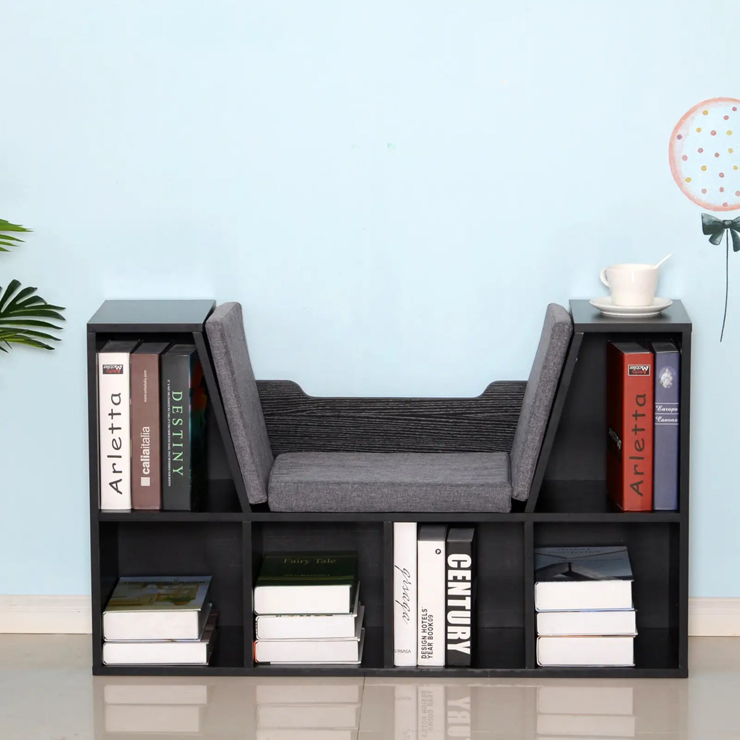 HOMCOM Bookcase with Cushioned Seat – Storage Cube Shelf Reading Bench, Black