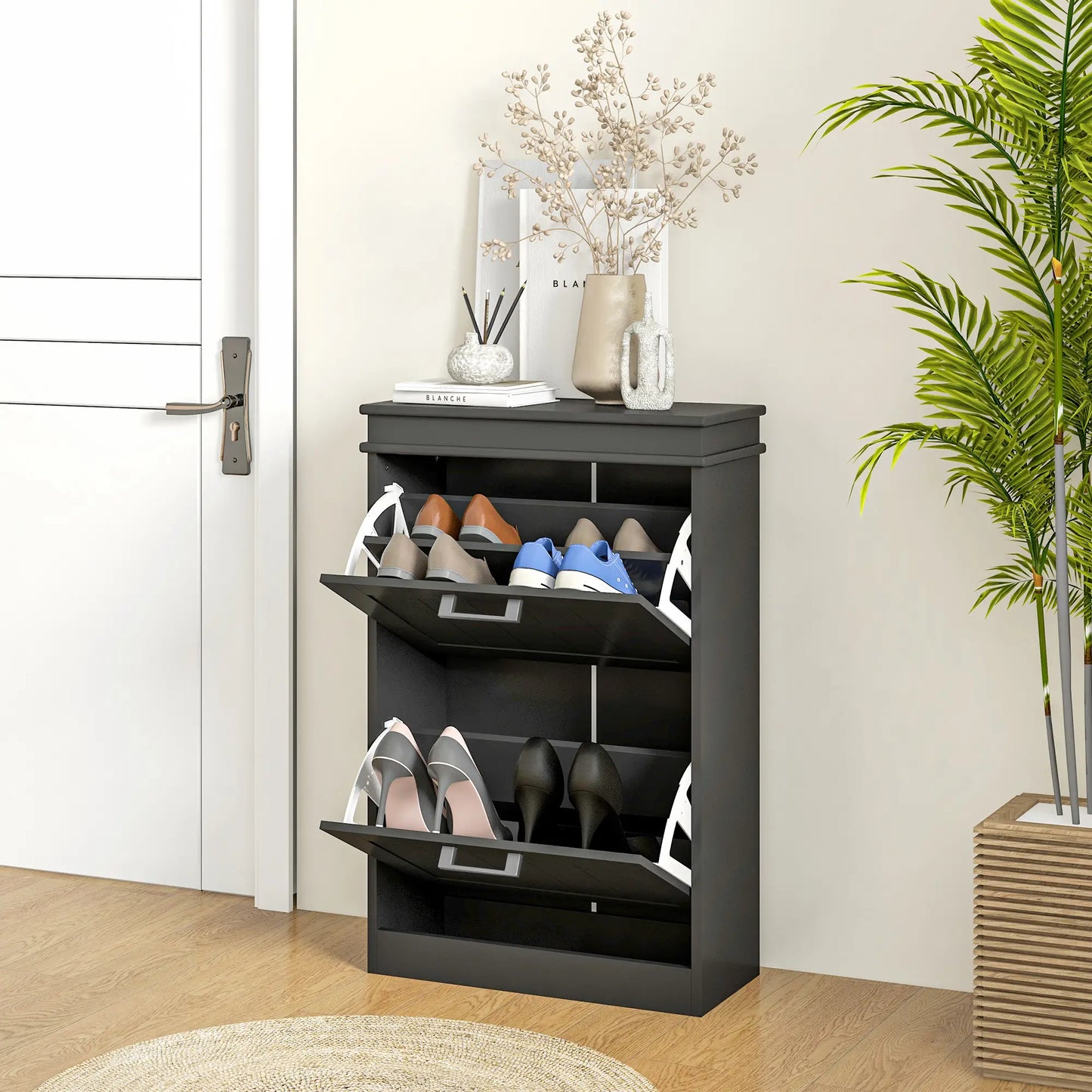 HOMCOM Slim Shoe Cabinet – 2 Drawer Storage Unit for 10 Pairs, Black