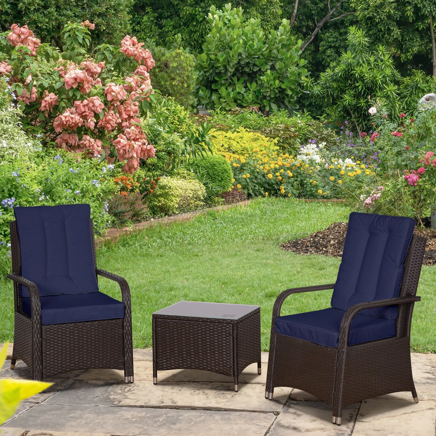 Outsunny Dark Blue Rattan Bistro Set – 3pc Garden Furniture with Cushions & Cover