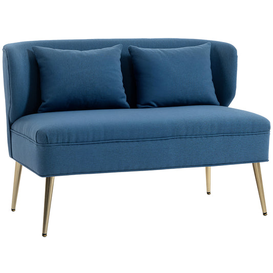 HOMCOM Dark Blue 2 Seater Sofa – Compact Wing Back Fabric Loveseat with Gold Legs