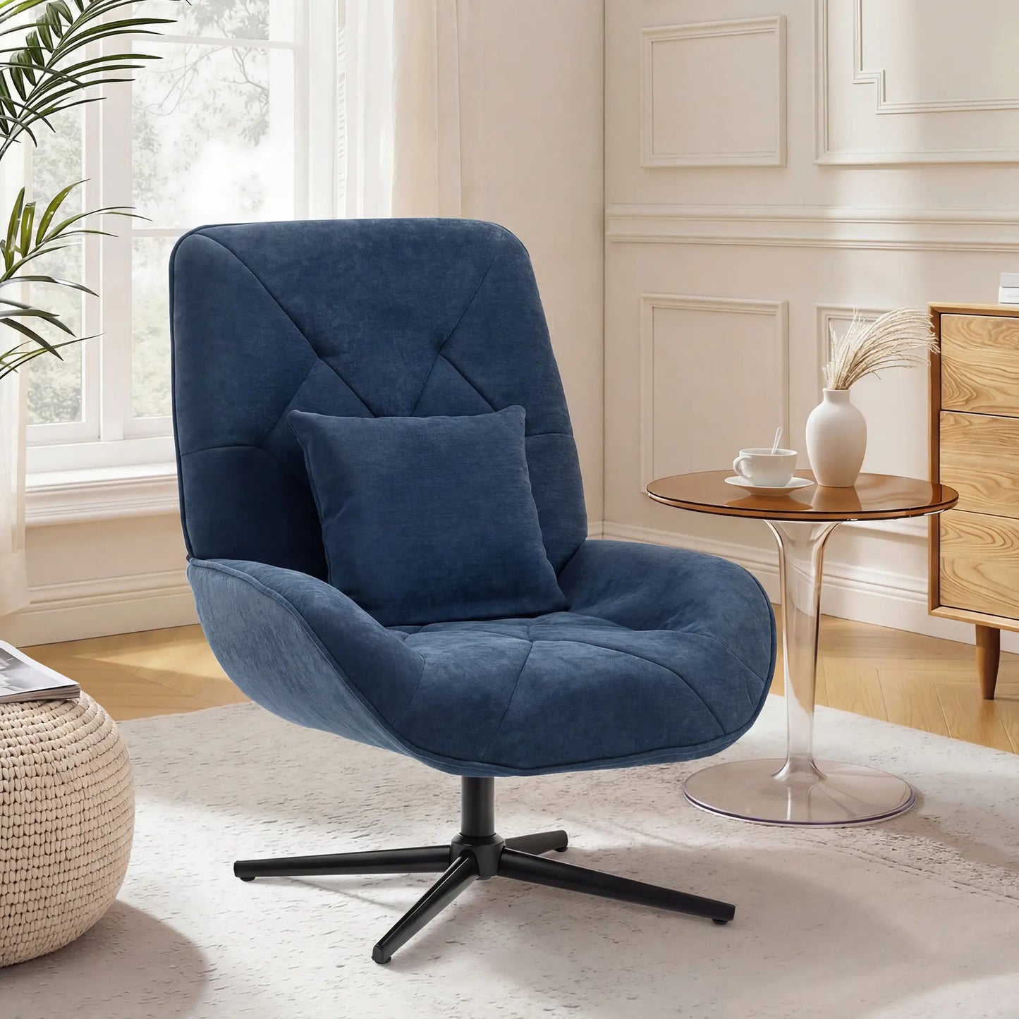 HOMCOM Swivel Accent Chair – Chenille Armchair with Lumbar Pillow, Dark Blue