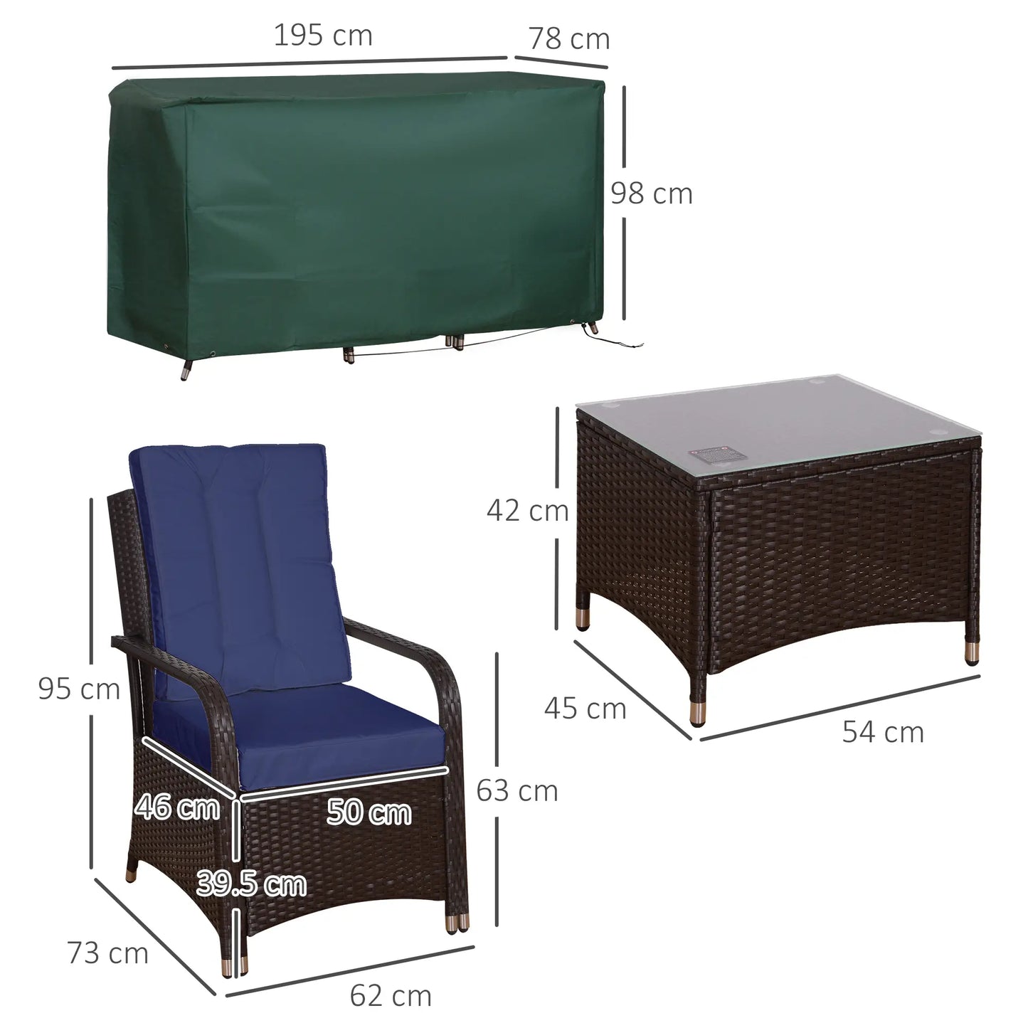 Outsunny Dark Blue Rattan Bistro Set – 3pc Garden Furniture with Cushions & Cover
