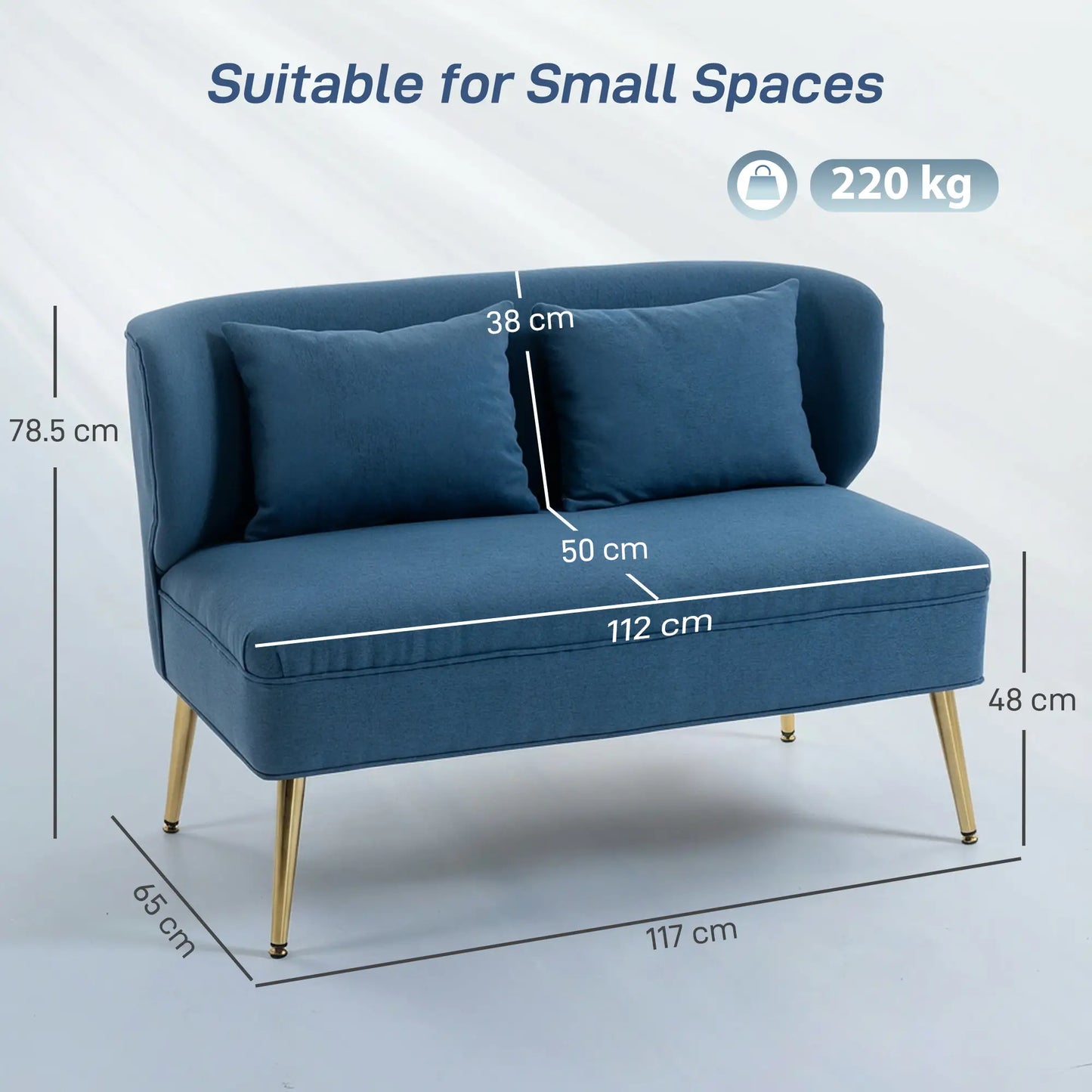 HOMCOM Dark Blue 2 Seater Sofa – Compact Wing Back Fabric Loveseat with Gold Legs