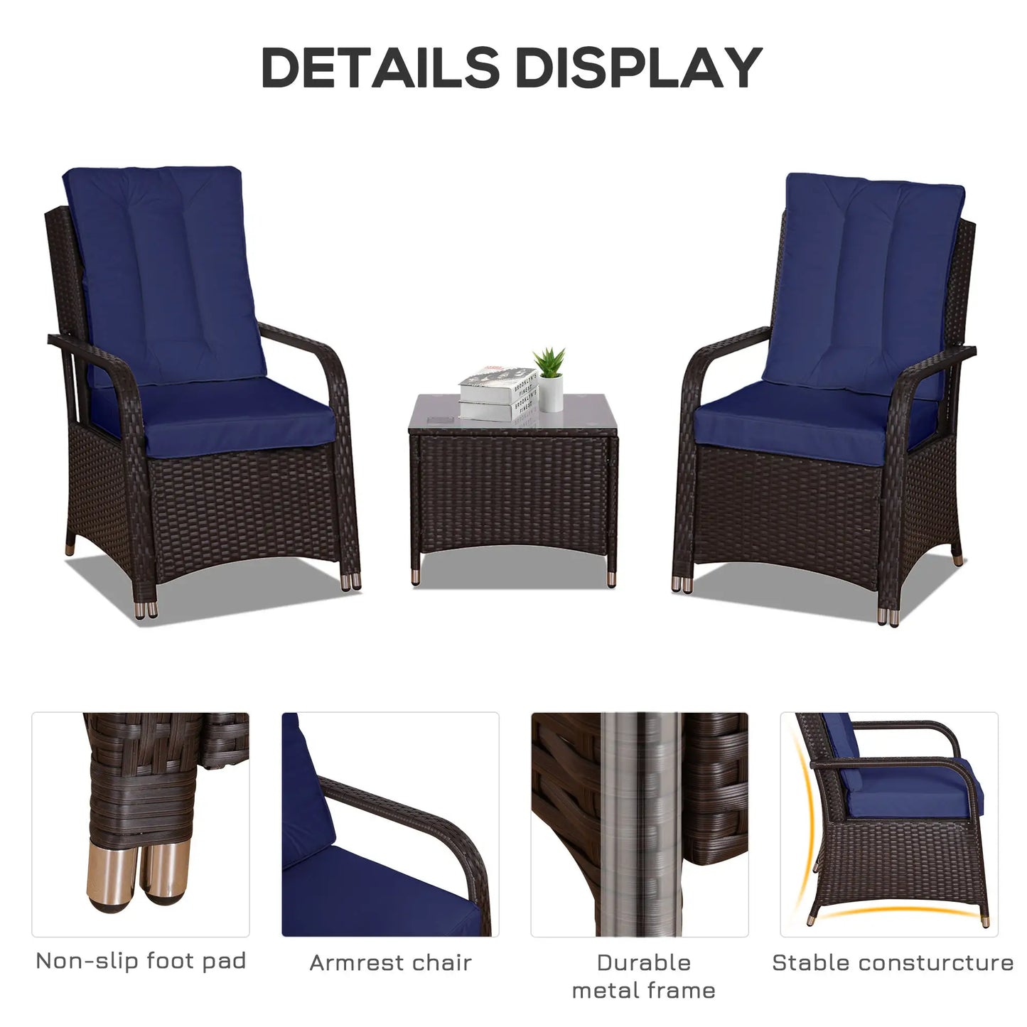 Outsunny Dark Blue Rattan Bistro Set – 3pc Garden Furniture with Cushions & Cover