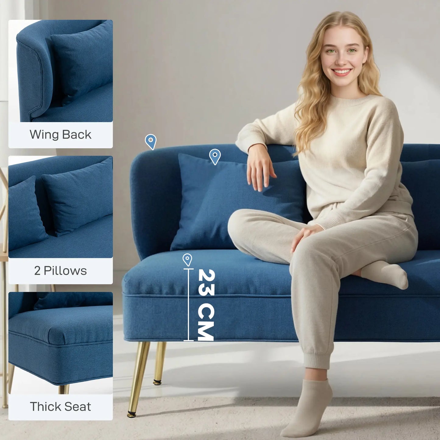 HOMCOM Dark Blue 2 Seater Sofa – Compact Wing Back Fabric Loveseat with Gold Legs