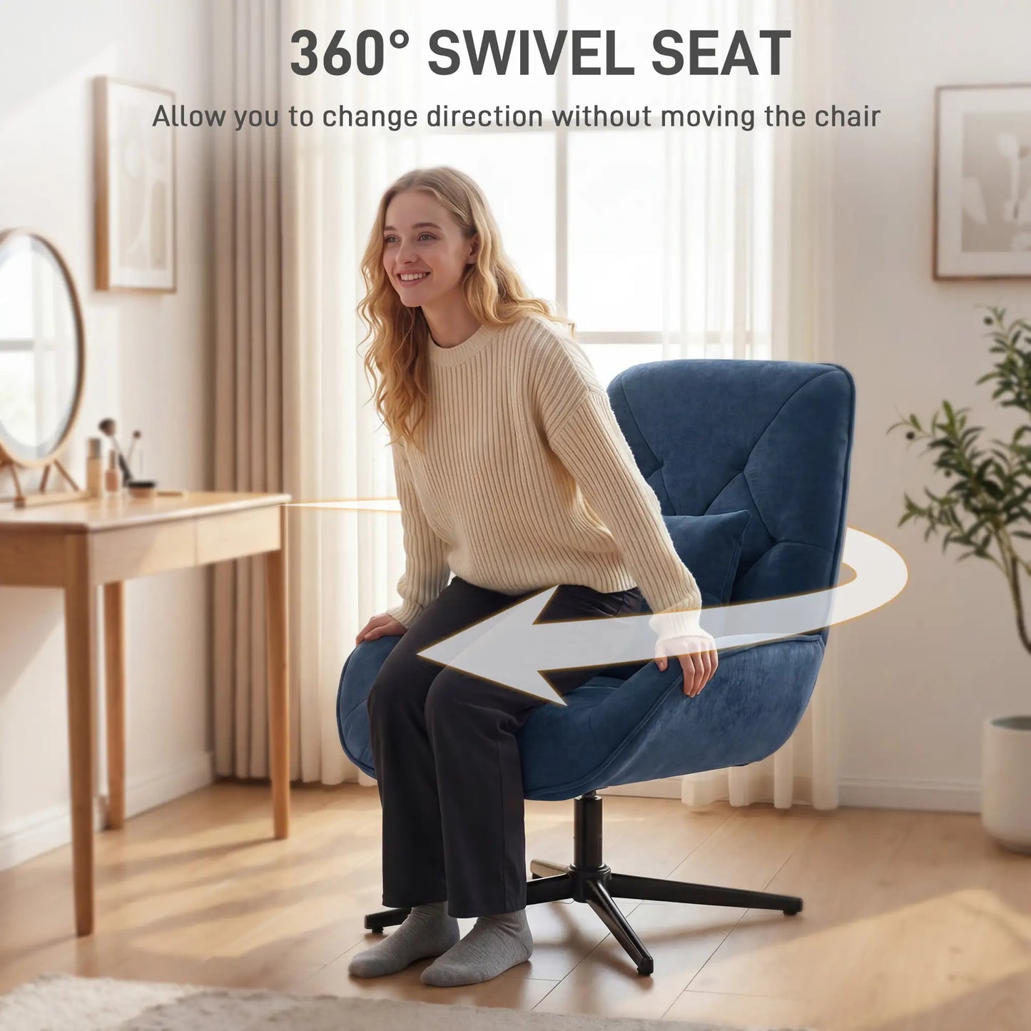 HOMCOM Swivel Accent Chair – Chenille Armchair with Lumbar Pillow, Dark Blue