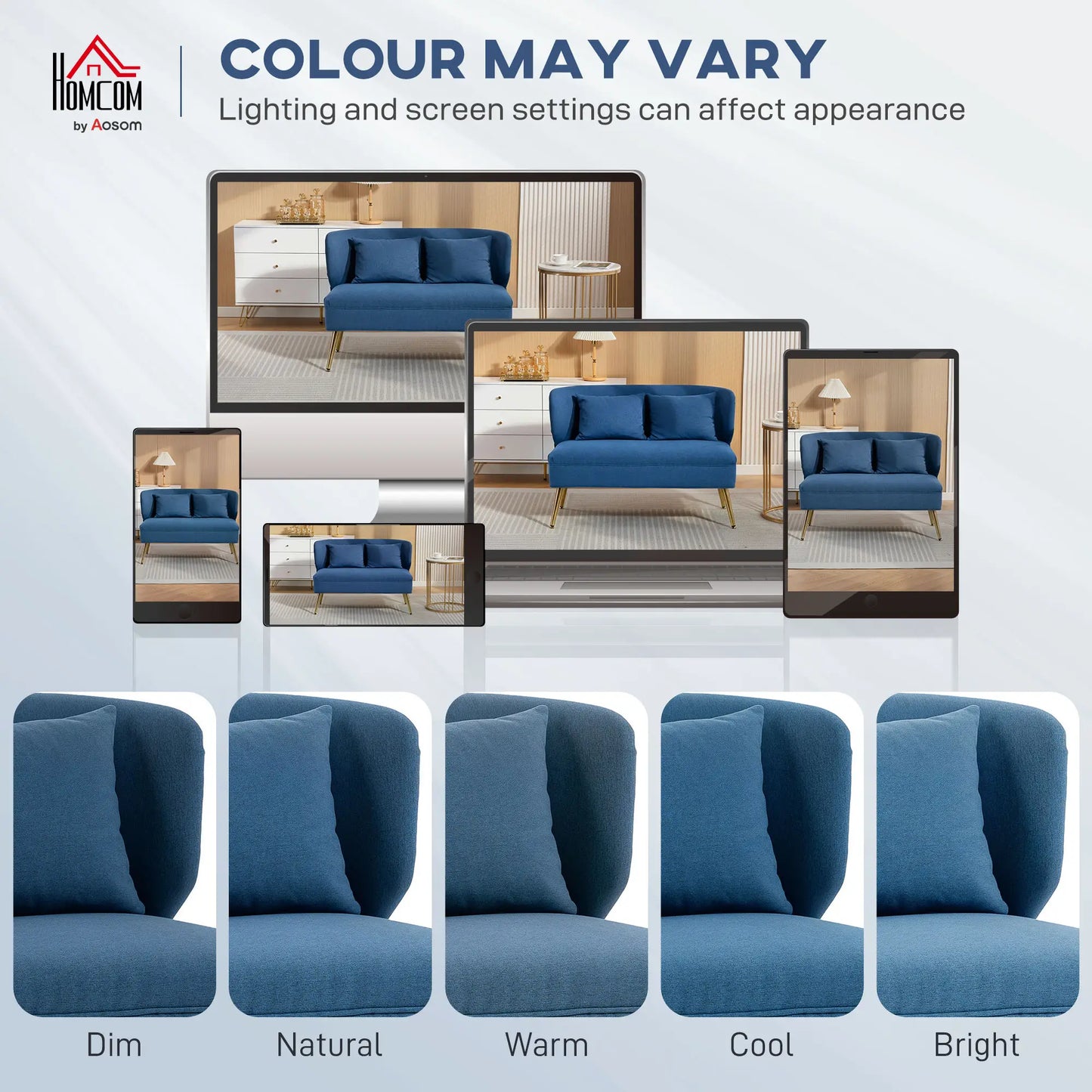 HOMCOM Dark Blue 2 Seater Sofa – Compact Wing Back Fabric Loveseat with Gold Legs