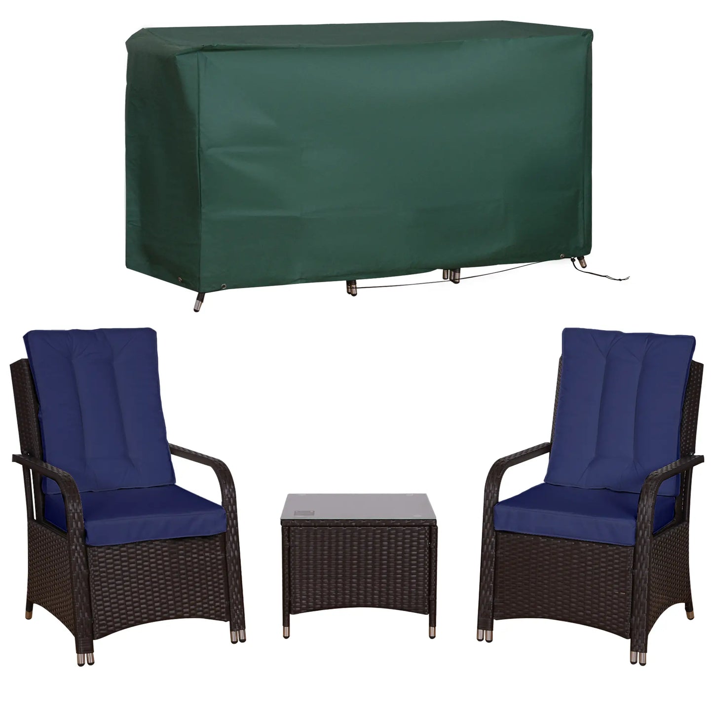 Outsunny Dark Blue Rattan Bistro Set – 3pc Garden Furniture with Cushions & Cover