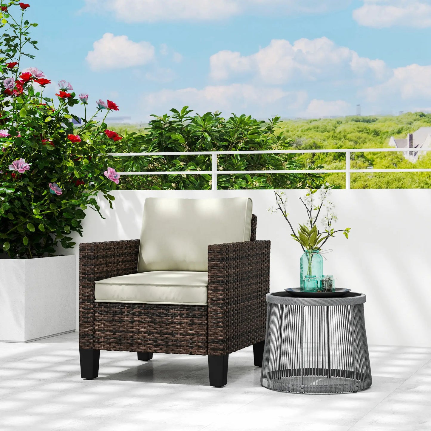 Outsunny Brown Rattan Garden Armchair – Cushioned Outdoor Patio Chair