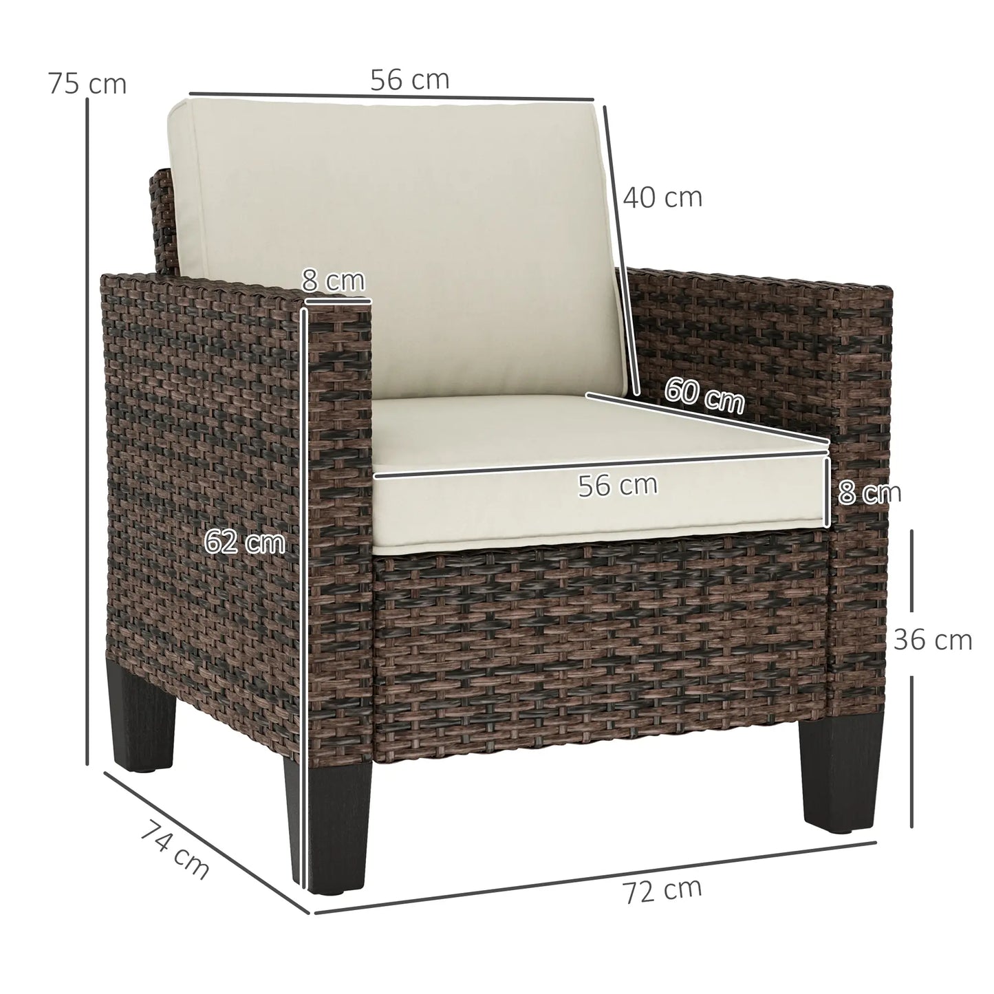 Outsunny Brown Rattan Garden Armchair – Cushioned Outdoor Patio Chair
