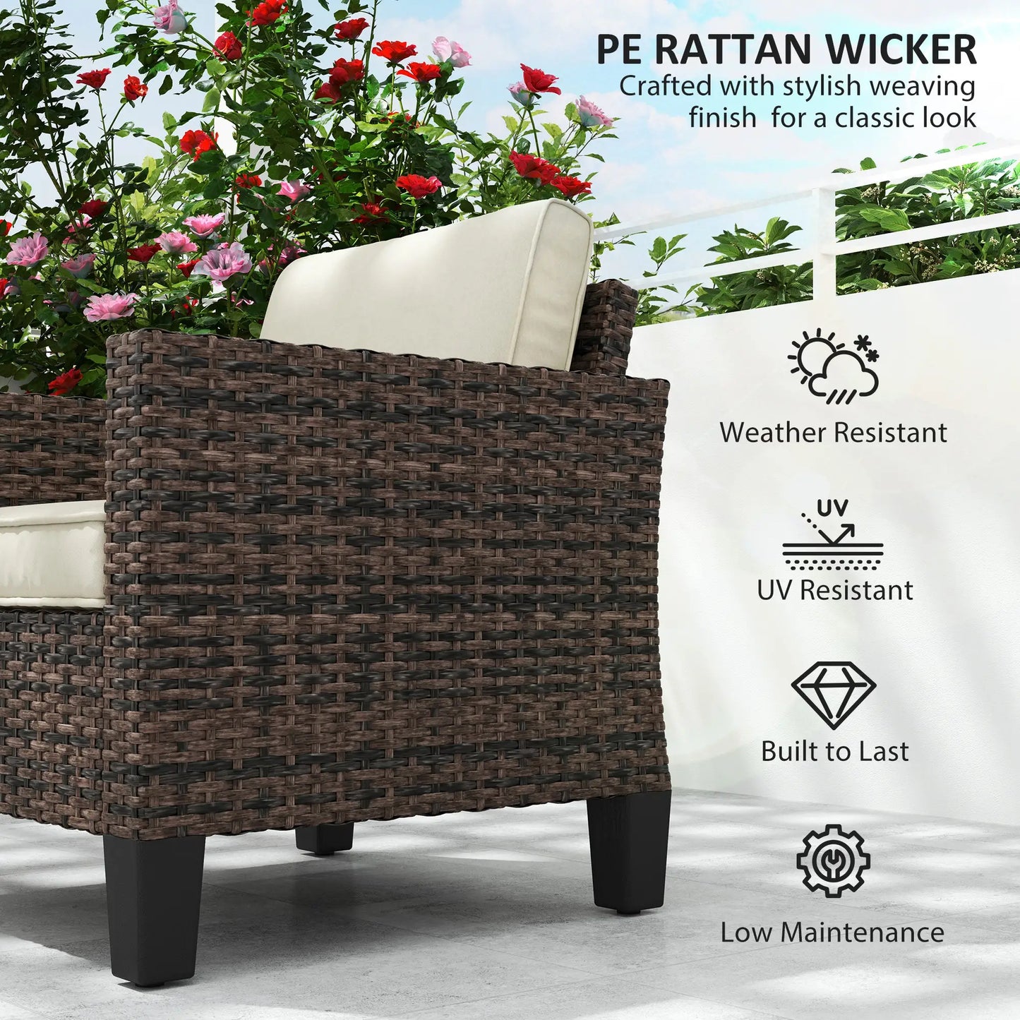 Outsunny Brown Rattan Garden Armchair – Cushioned Outdoor Patio Chair