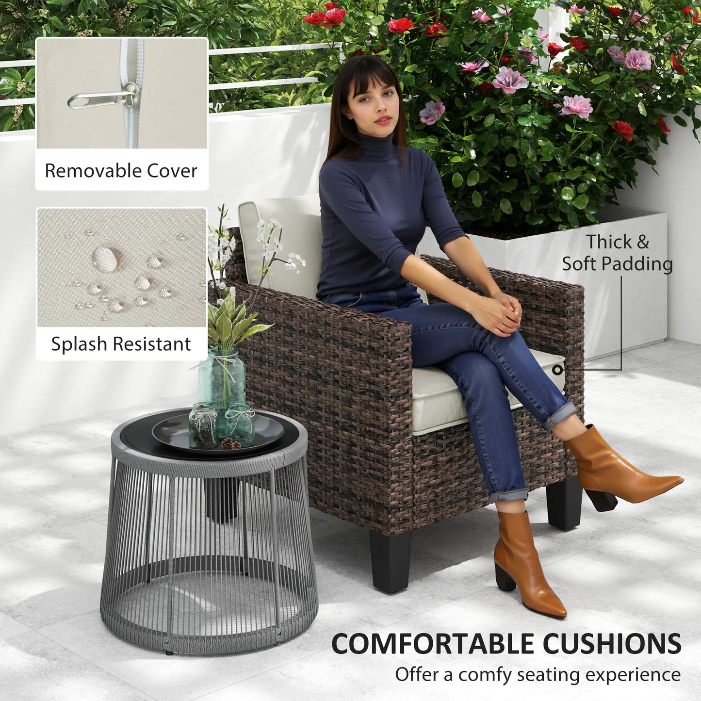 Outsunny Brown Rattan Garden Armchair – Cushioned Outdoor Patio Chair