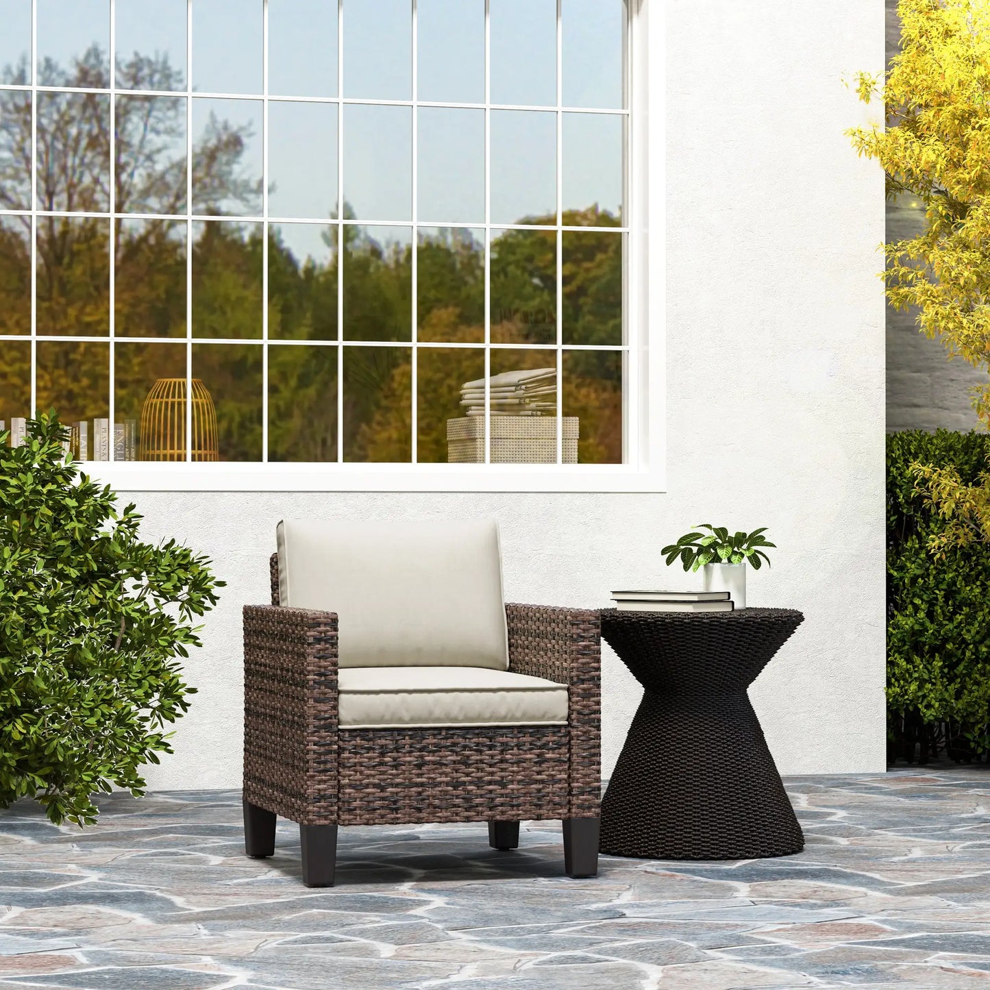 Outsunny Brown Rattan Garden Armchair – Cushioned Outdoor Patio Chair