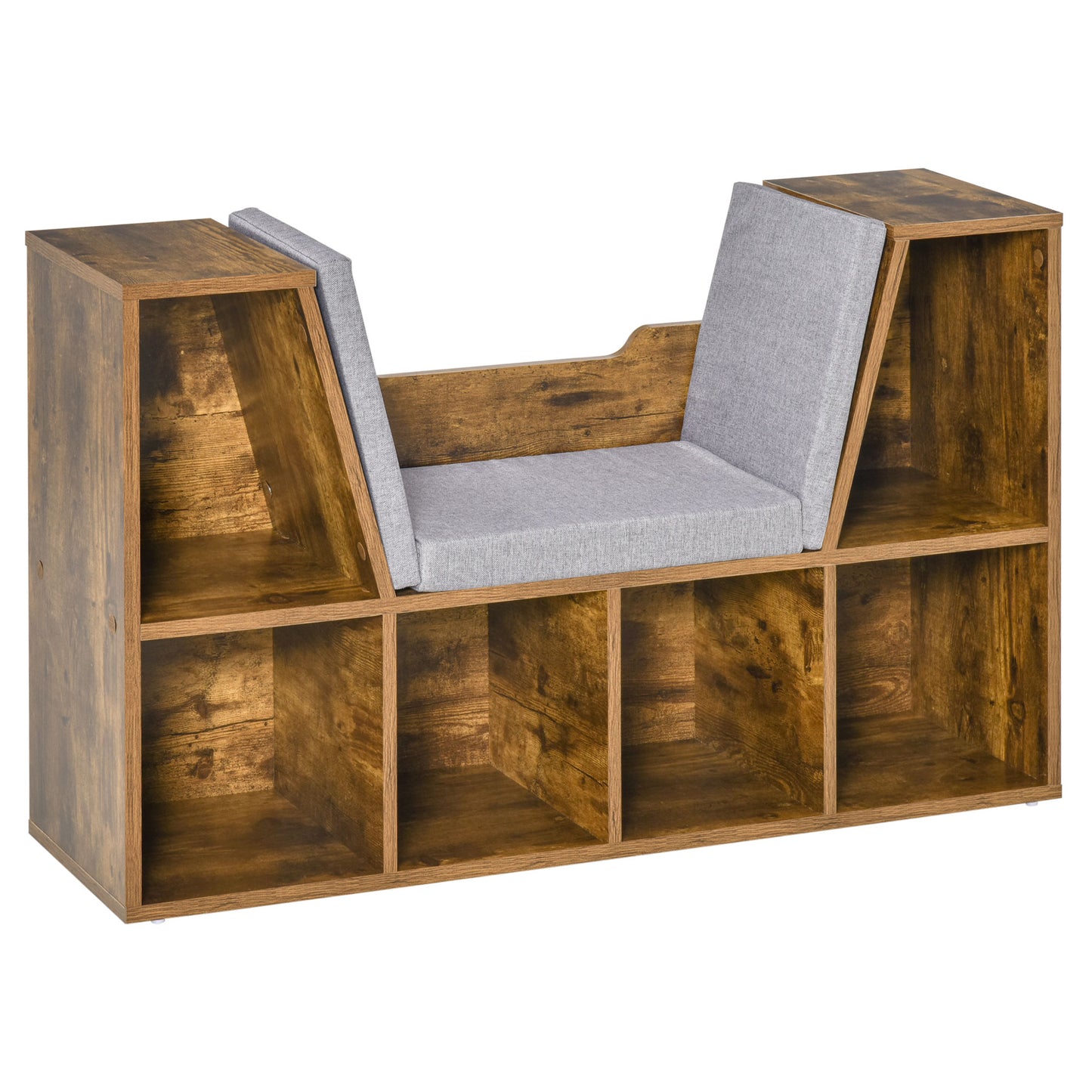 HOMCOM Bookcase with Cushioned Seat – Storage Cube Shelf Reading Bench, Rustic Brown