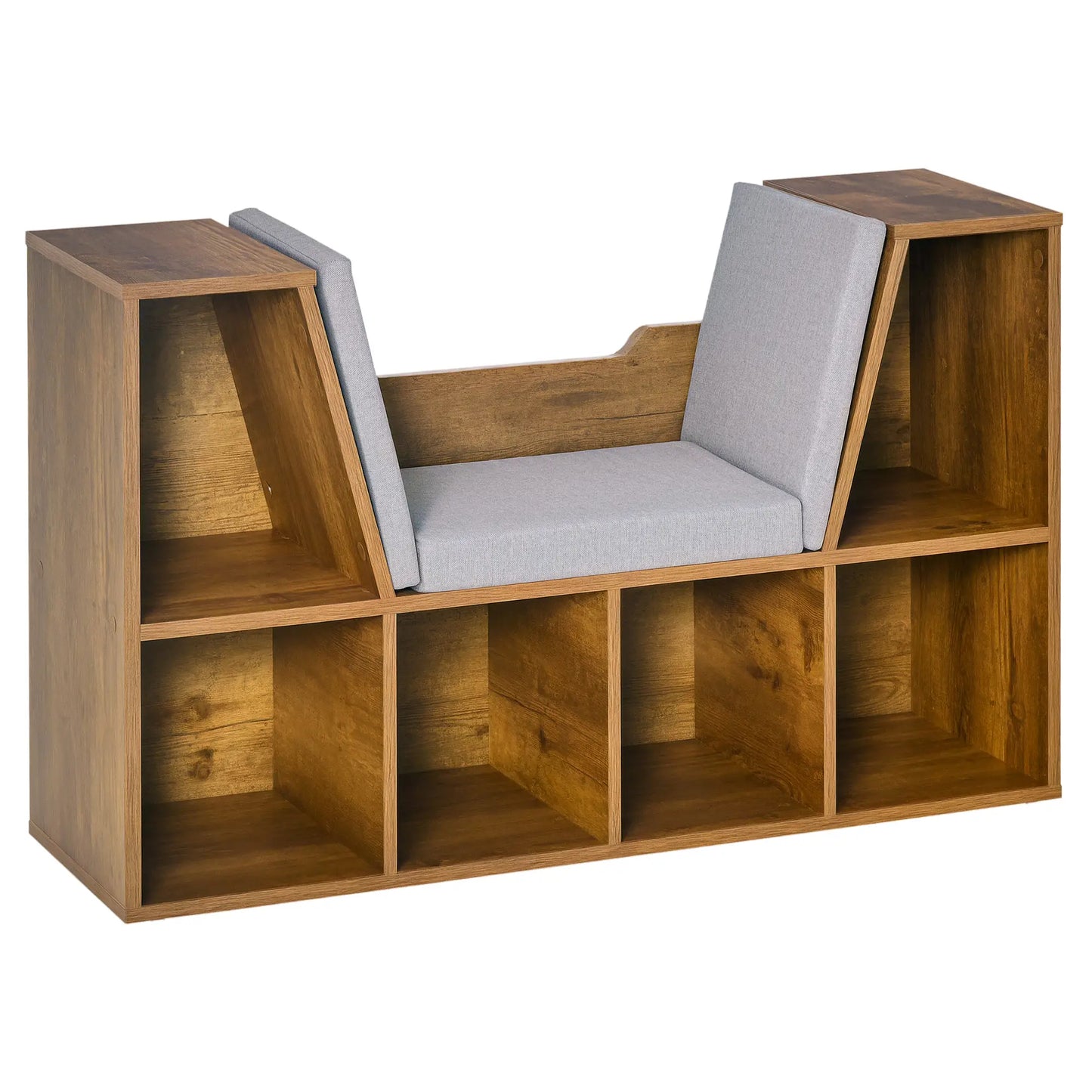 HOMCOM Bookcase with Cushioned Seat – Storage Cube Shelf Reading Bench, Rustic Brown