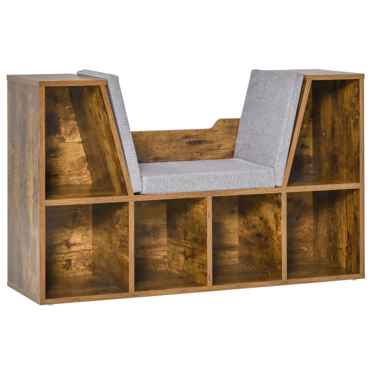 HOMCOM Bookcase with Cushioned Seat – Storage Cube Shelf Reading Bench, Rustic Brown
