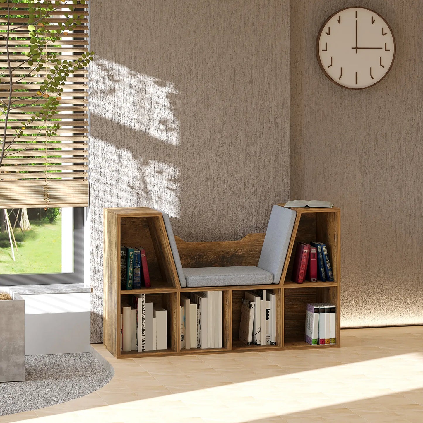 HOMCOM Bookcase with Cushioned Seat – Storage Cube Shelf Reading Bench, Rustic Brown