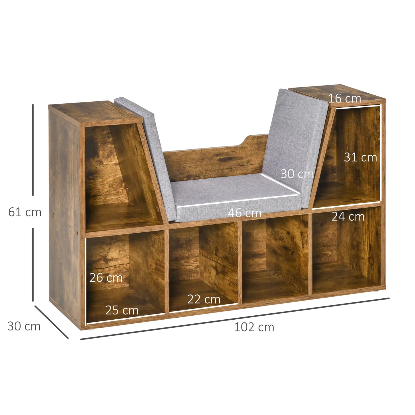 HOMCOM Bookcase with Cushioned Seat – Storage Cube Shelf Reading Bench, Rustic Brown